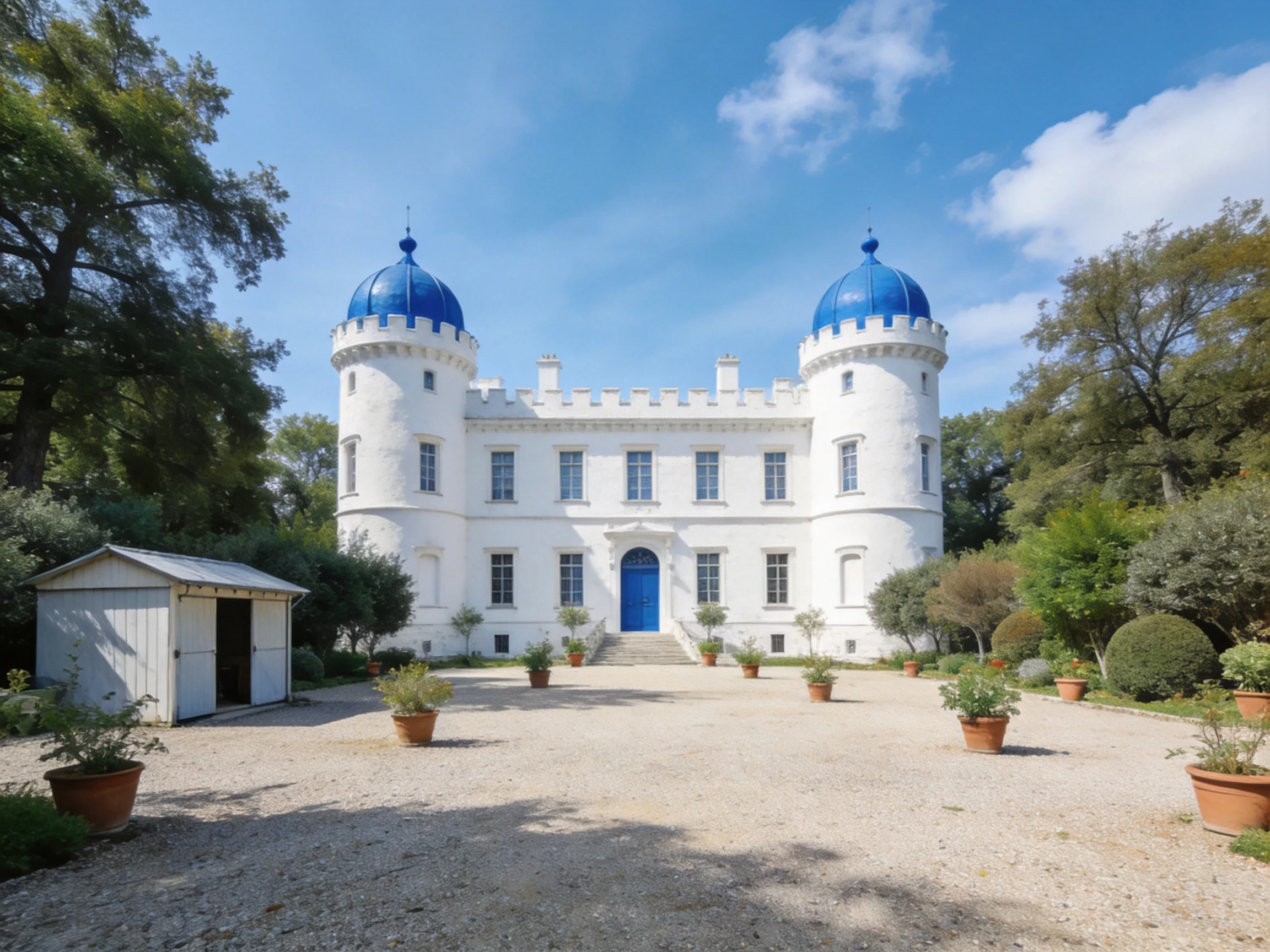 A majestic white castle with blue domes amidst greenery