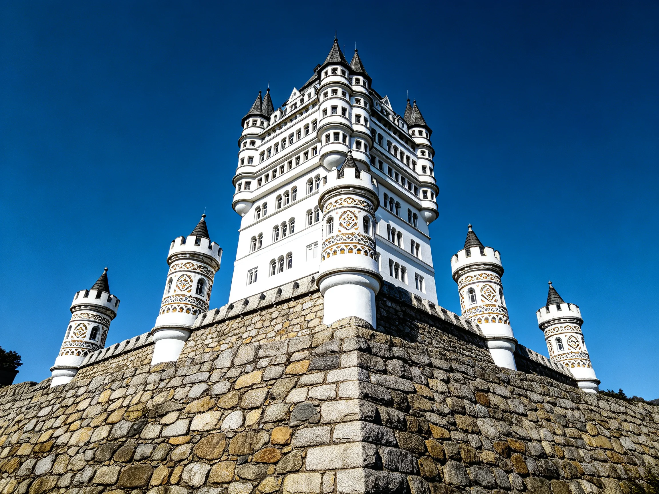 A majestic white castle with five towers atop a stone wall under a clear blue sky