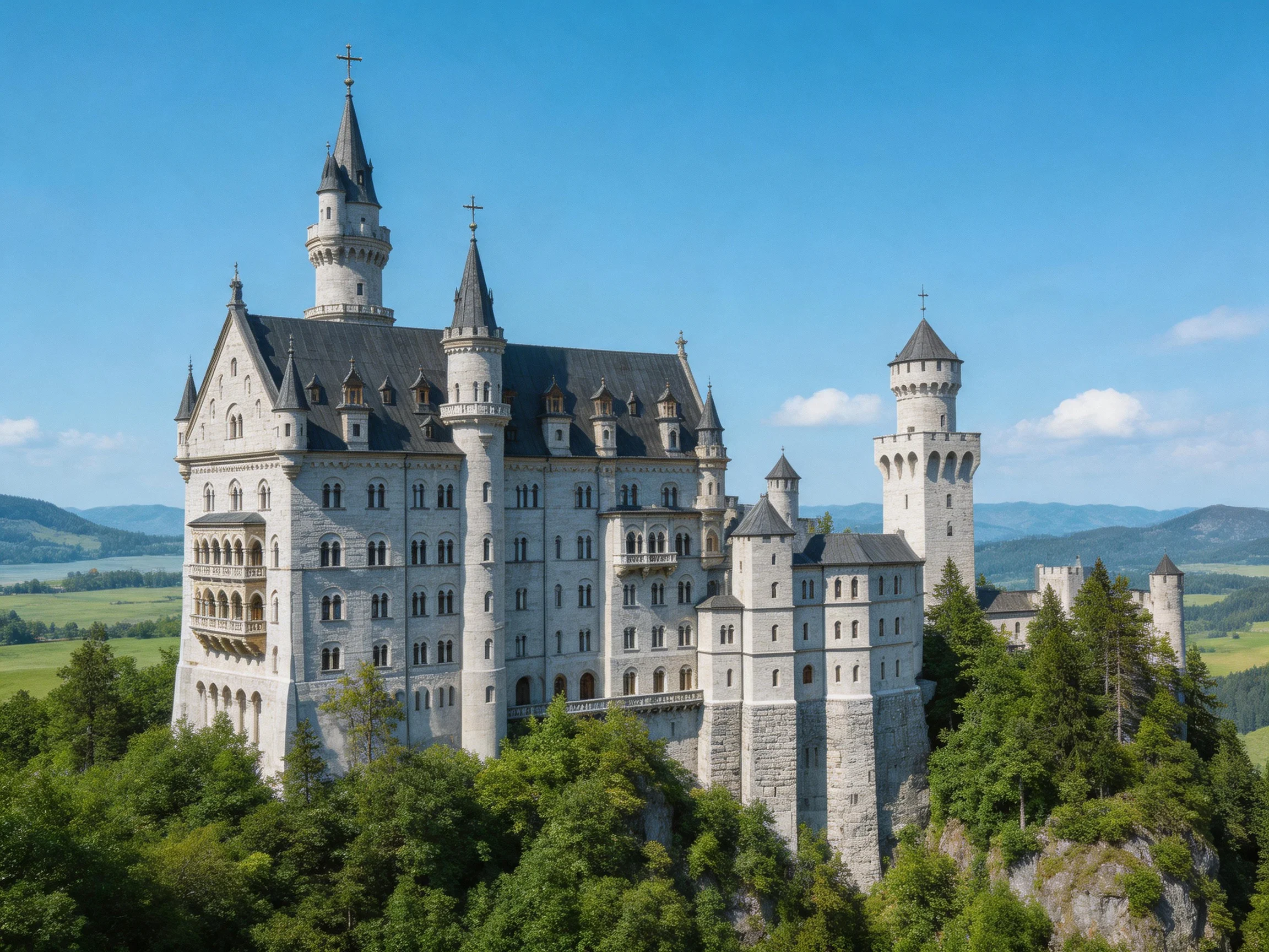 A majestic white castle with multiple towers on a forested hilltop