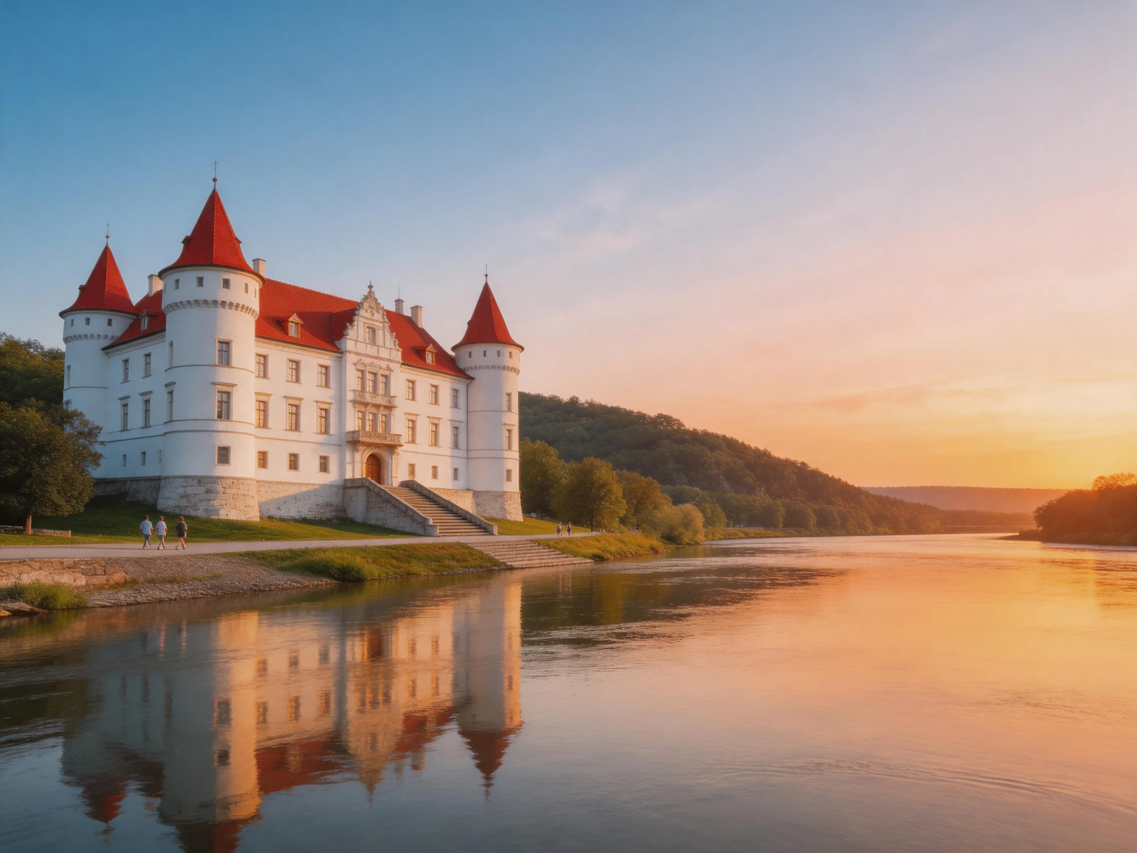 A majestic white castle with red roofs by a calm river at sunset