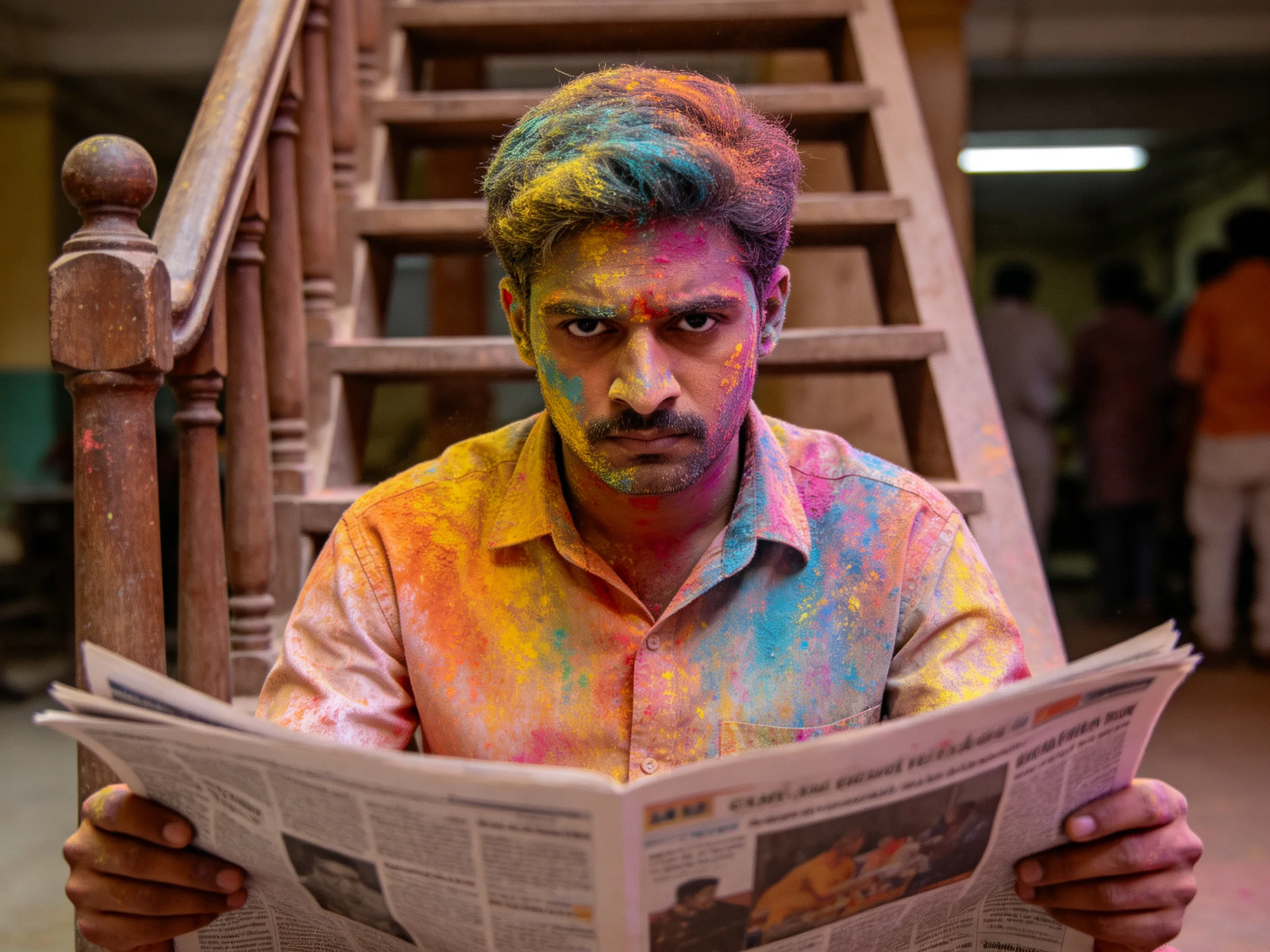 A man covered in vibrant powders reads a newspaper by wooden stairs