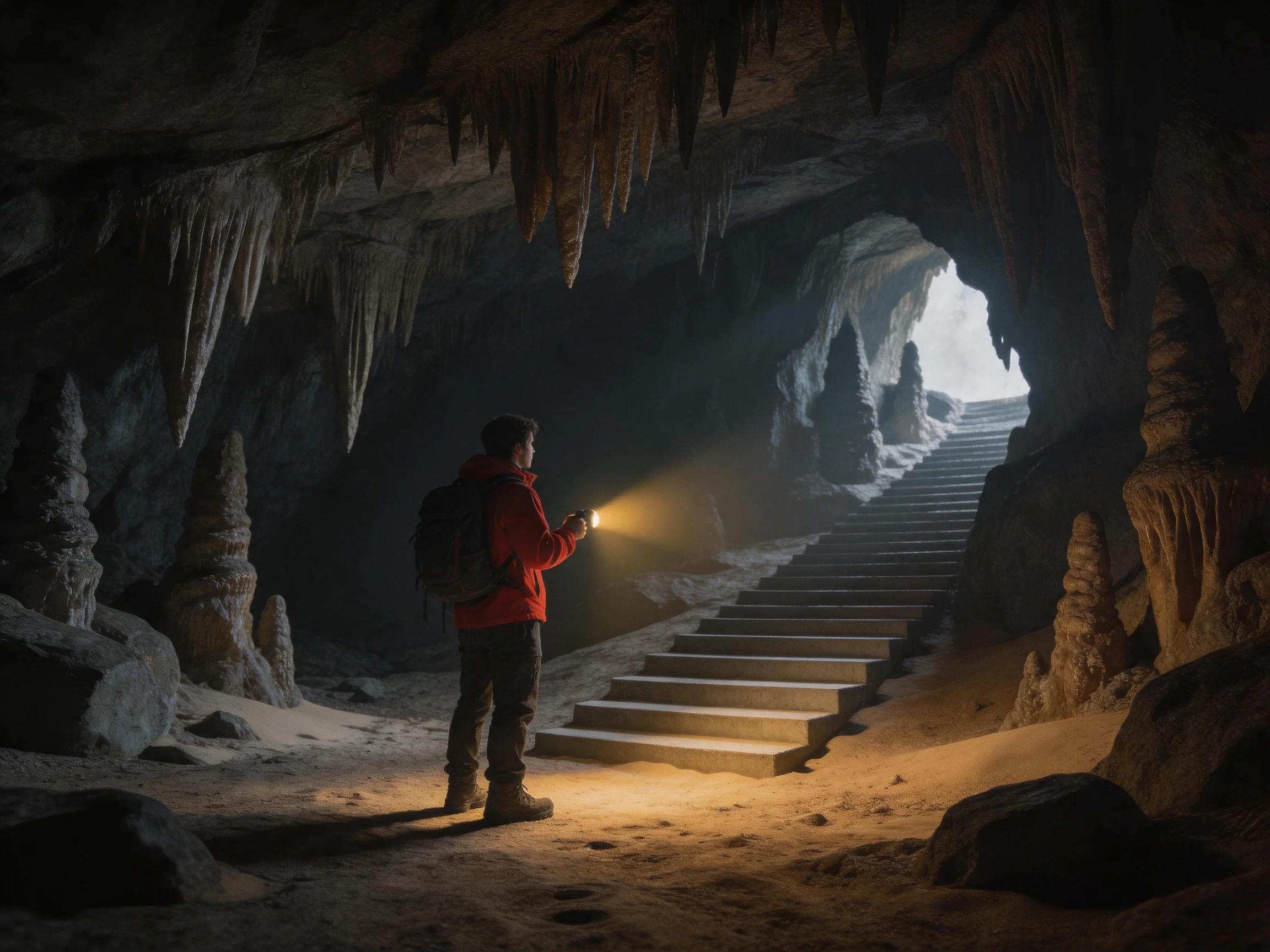 A man explores a cave with stone steps and stalactites