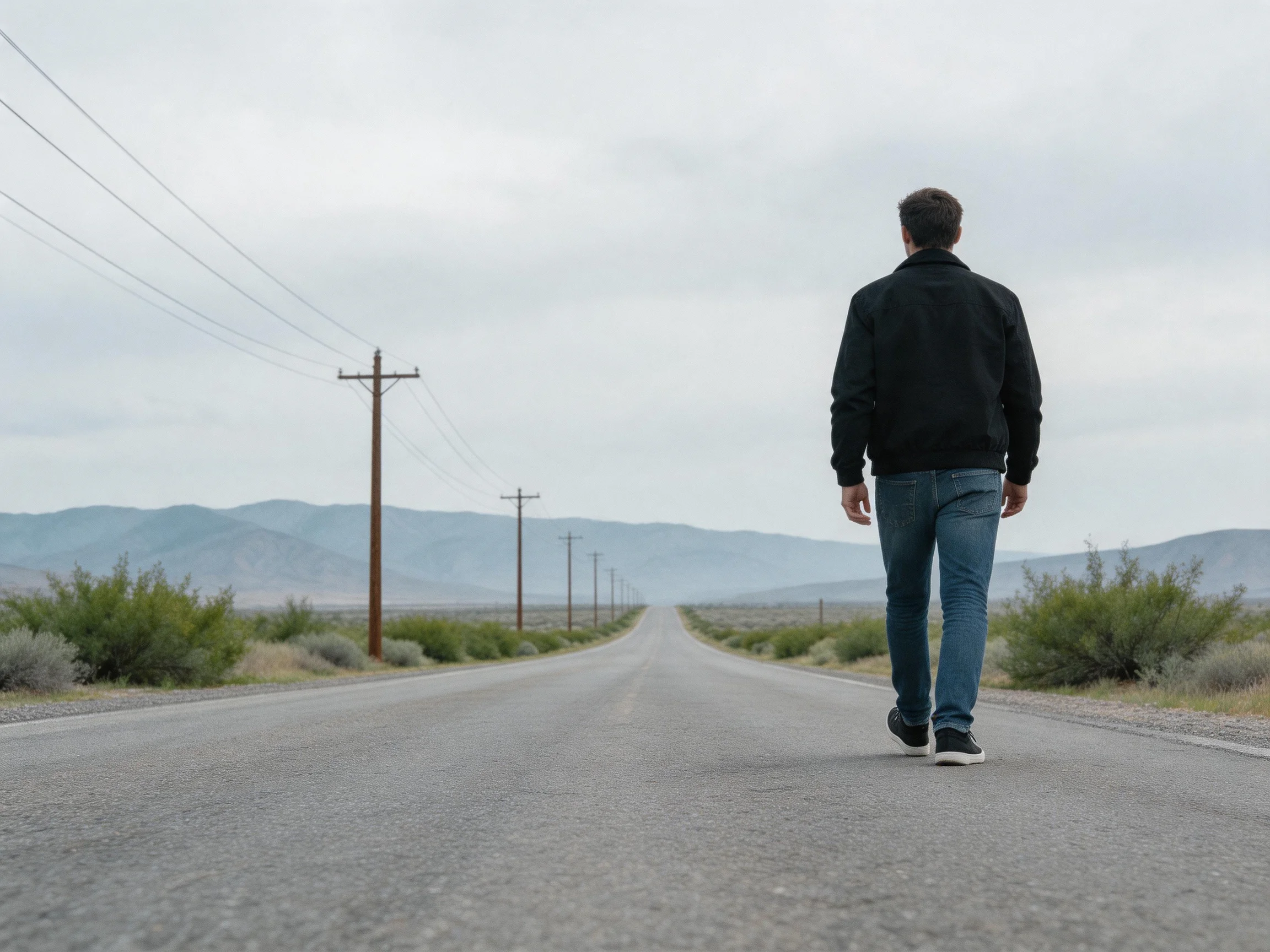 A man in a black jacket walks down an empty asphalt road toward distant mountains