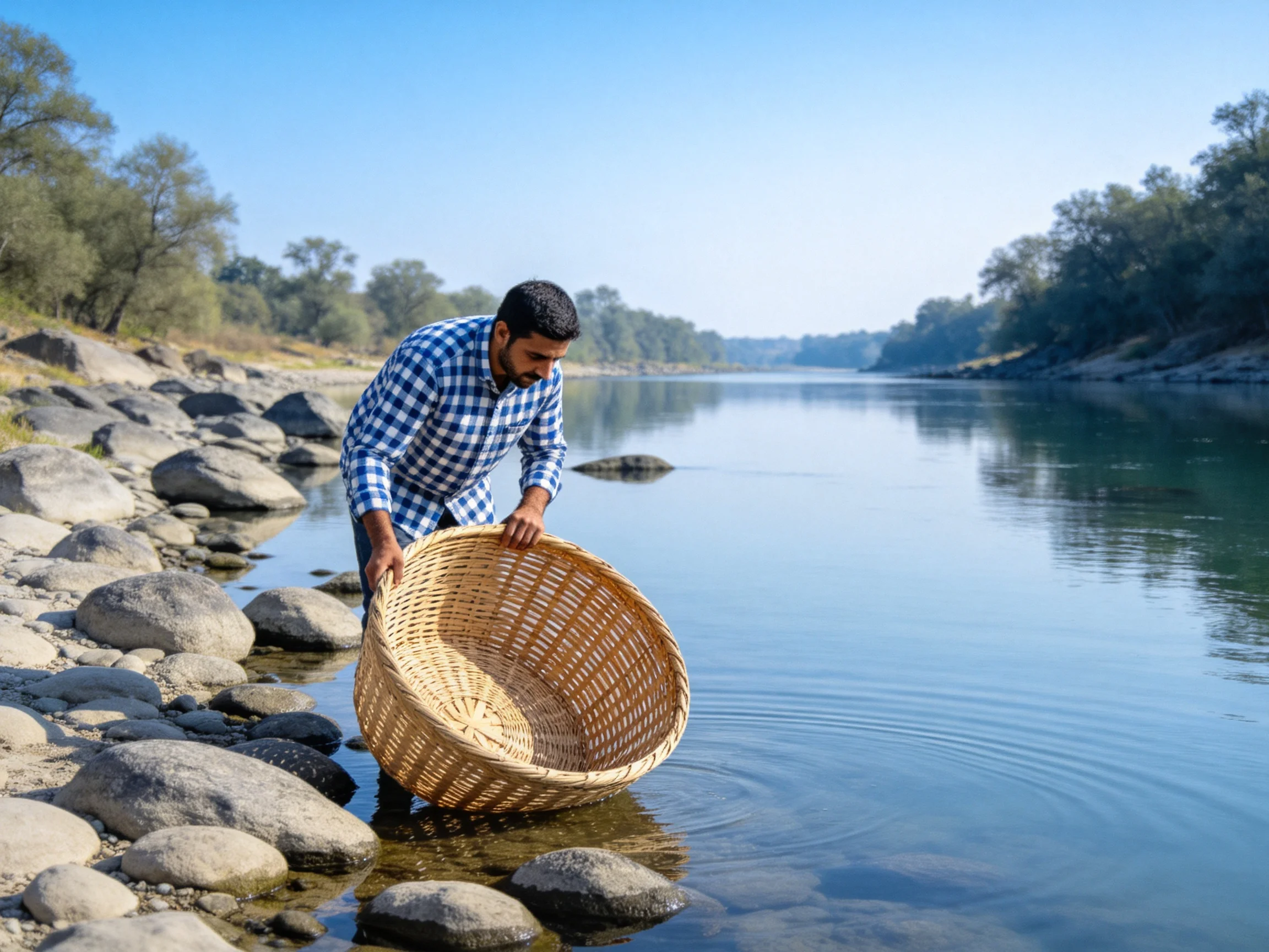 A man in a blue checkered shirt handles a large wicker basket by a rocky river