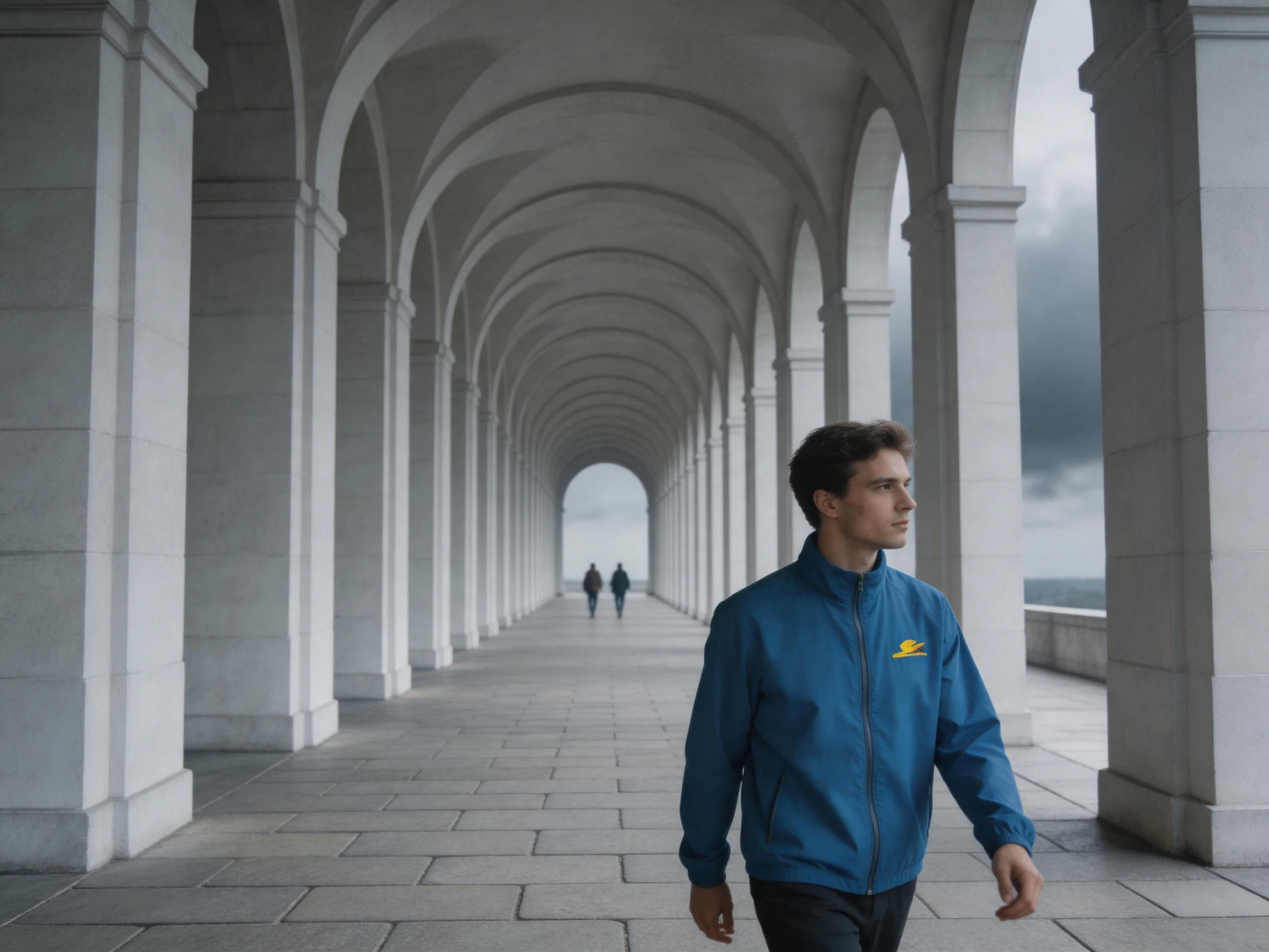 A man in a blue jacket walks beneath a long arched colonnade