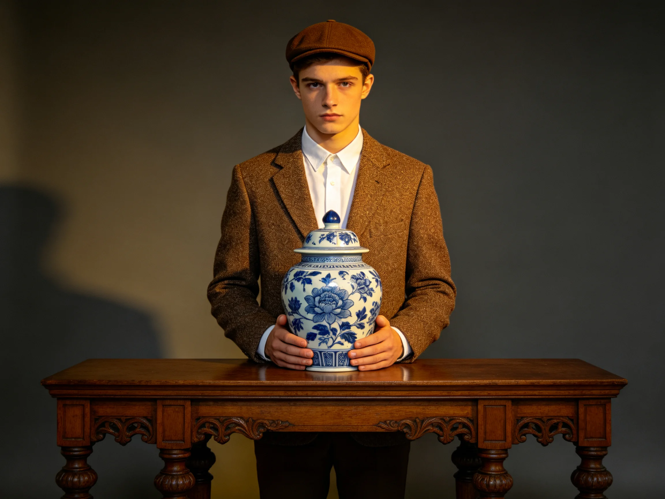 A man in a brown blazer holds a blue-and-white floral jar on a wooden table