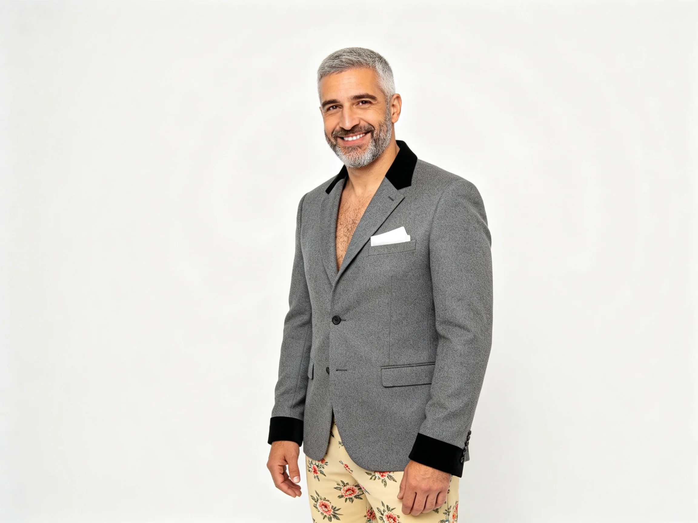A man in a gray blazer with black accents wears floral trousers