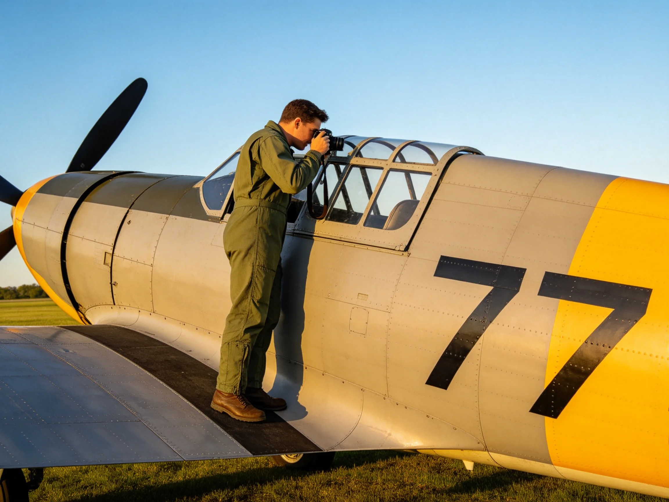 A man in a green jumpsuit photographs a vintage gray-yellow aircraft marked 77