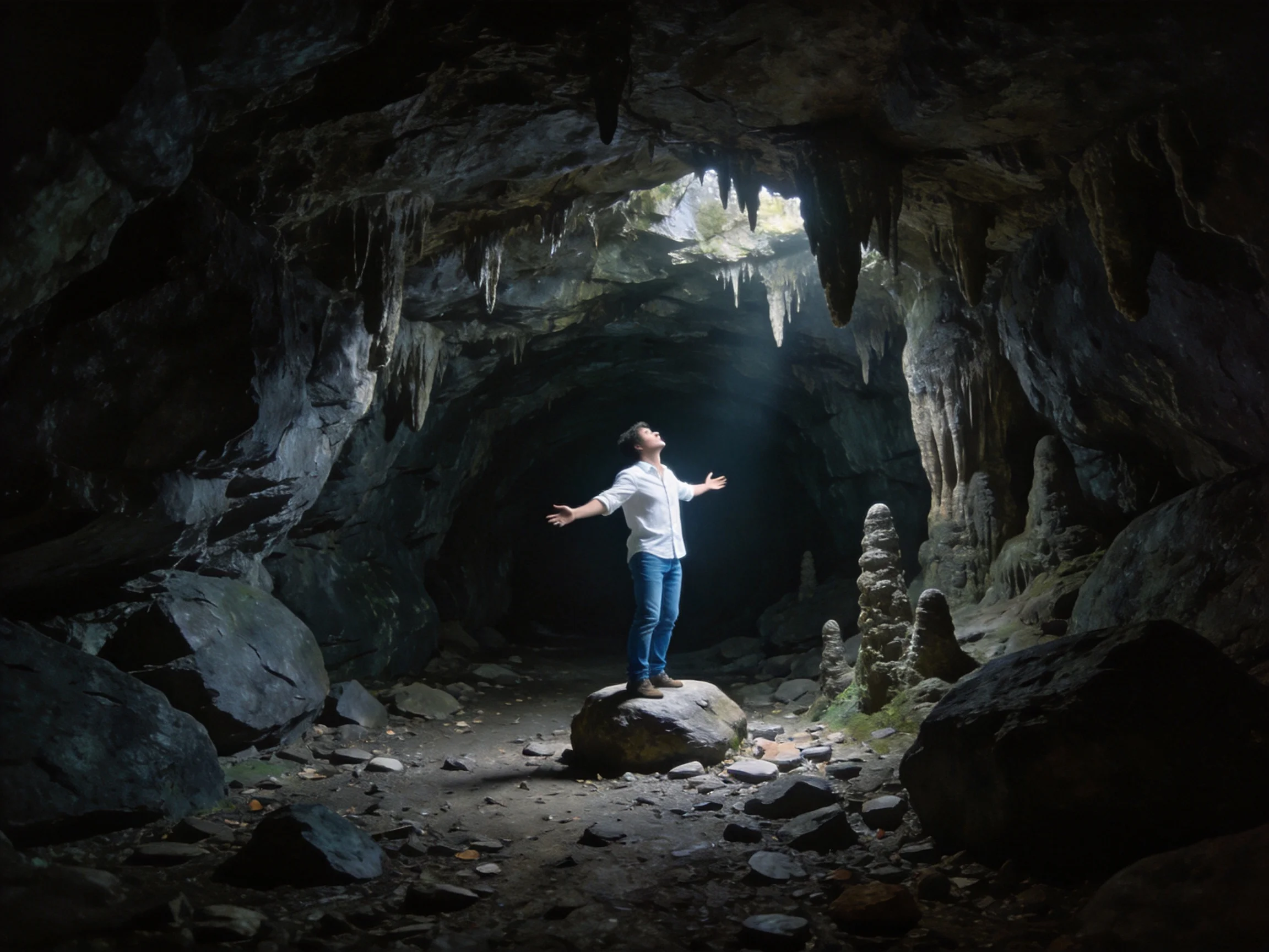 A man in a white shirt stands on a rock inside a large, dark cave with stalactites