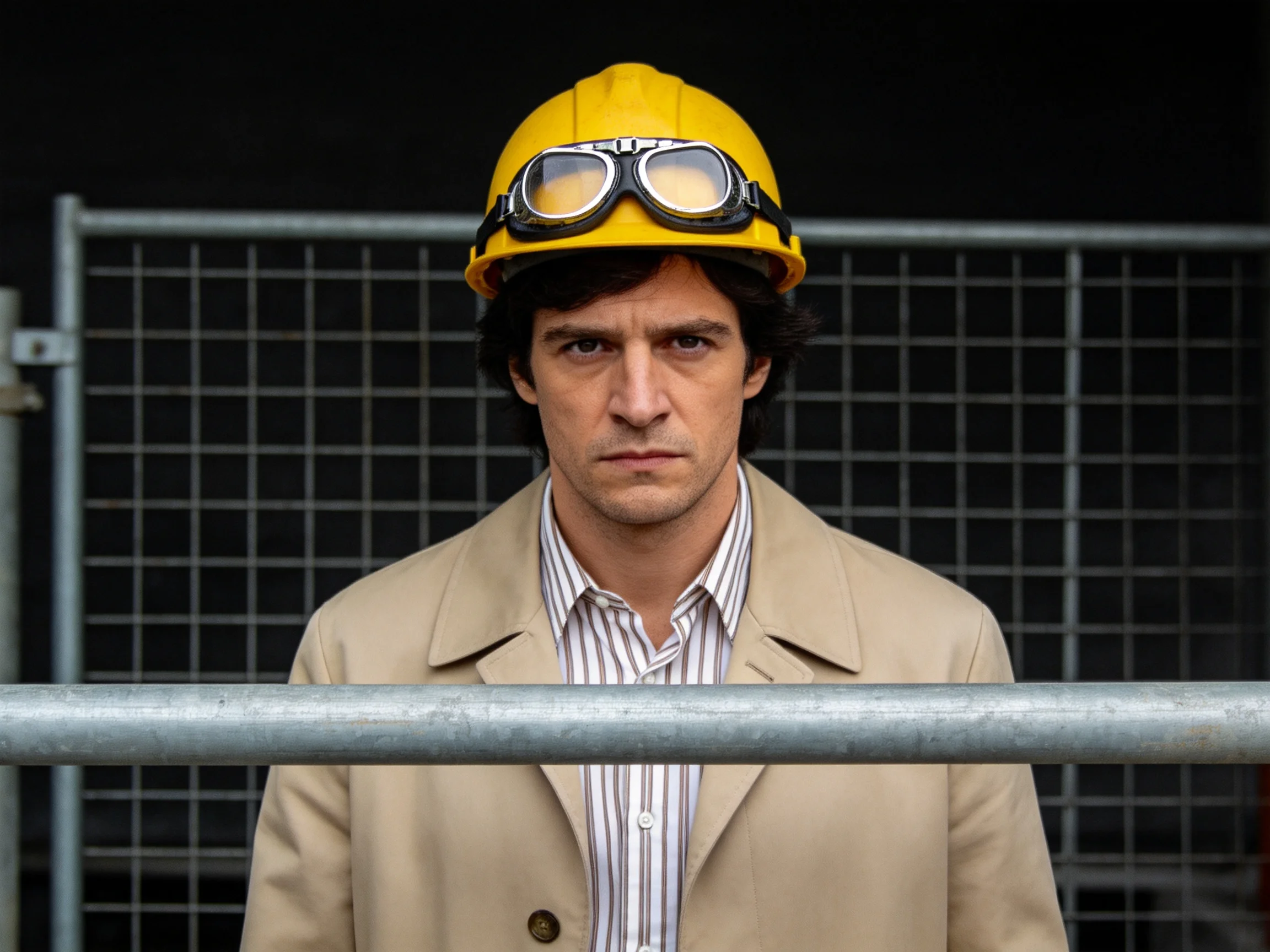 A man in a yellow hard hat and beige coat stands before metal fencing