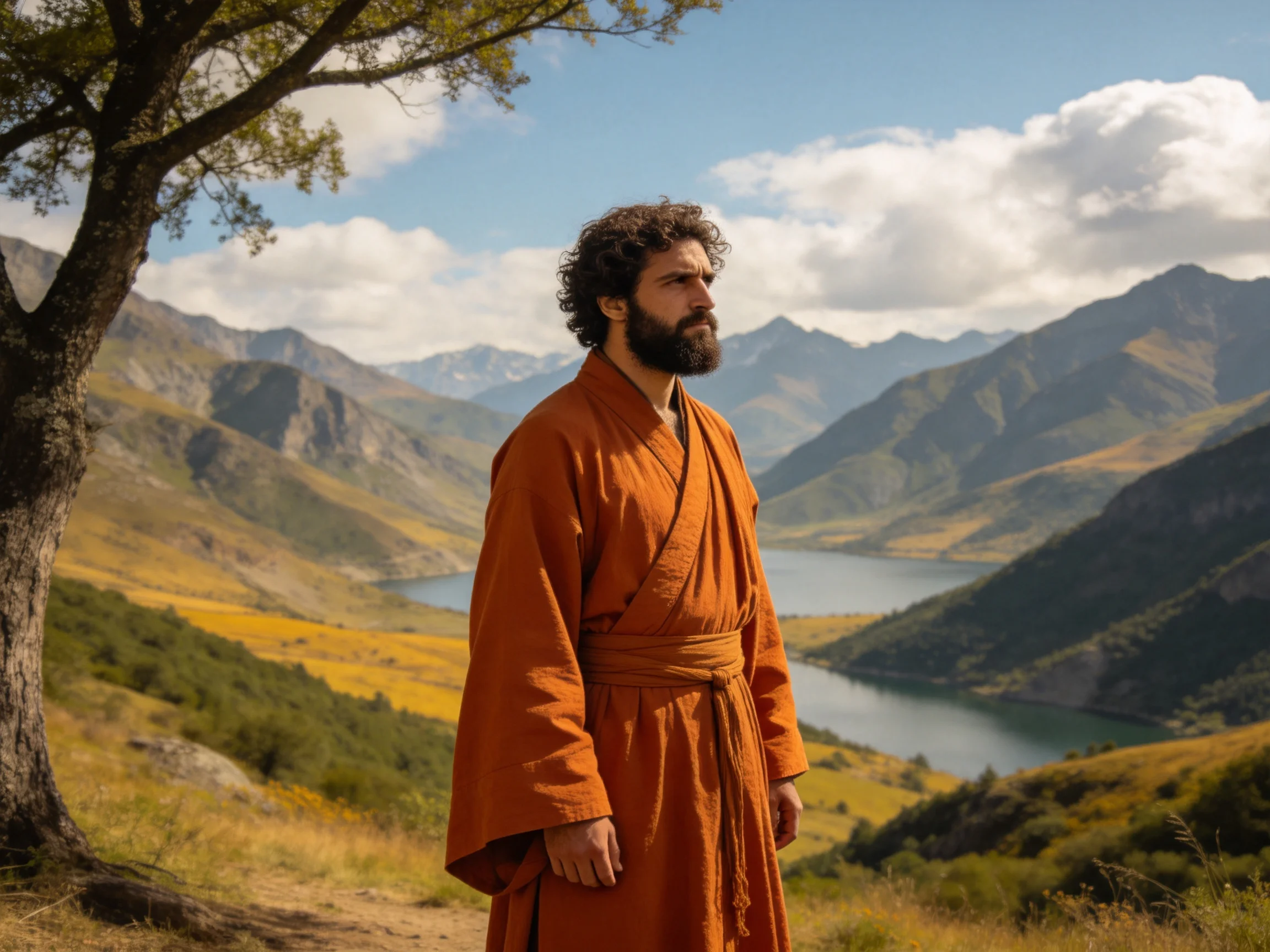 A man in an orange robe stands near mountains and a lake