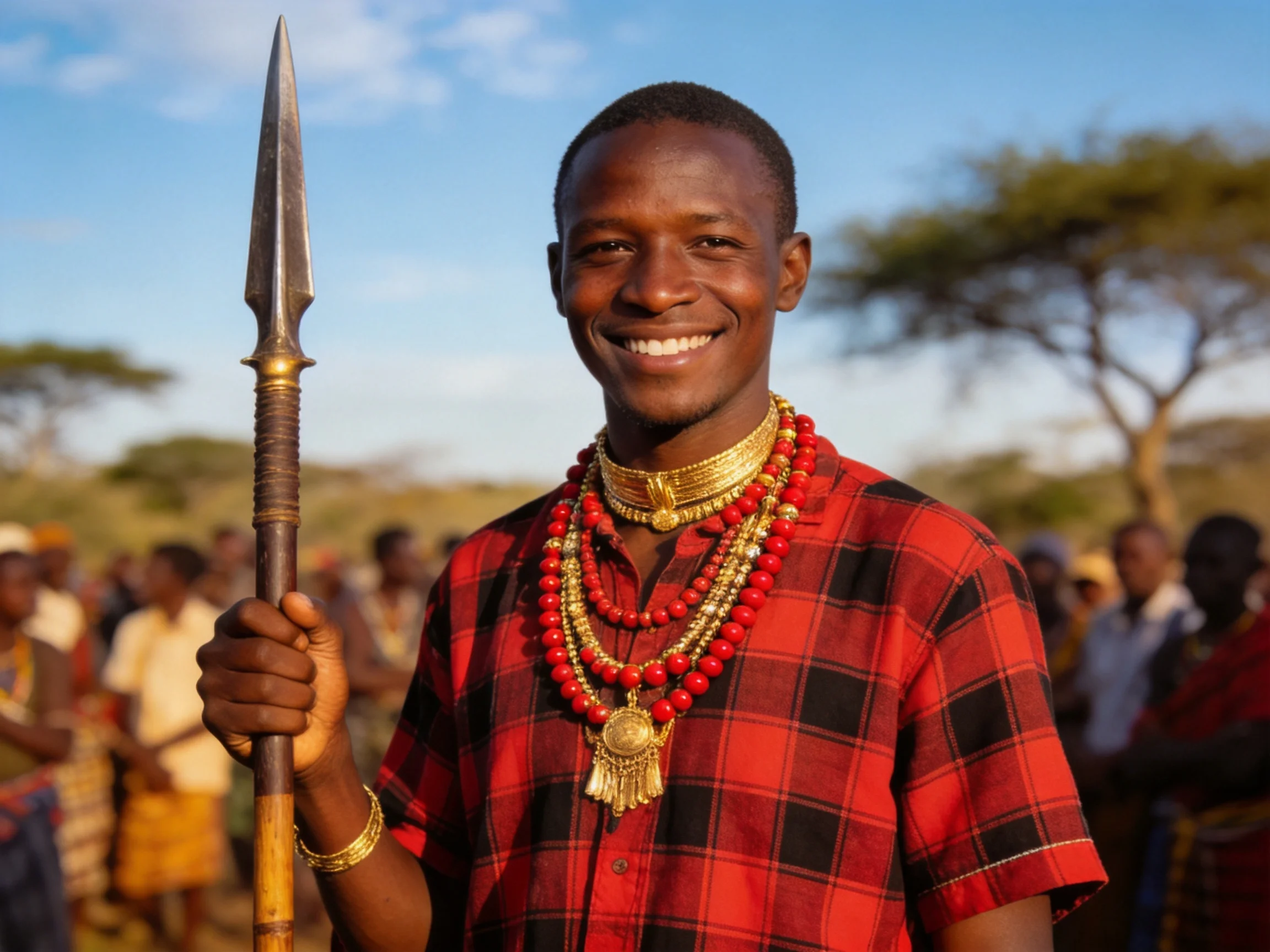 A man in red and black plaid wears layered gold necklaces, holds a spear, amid a crowd.