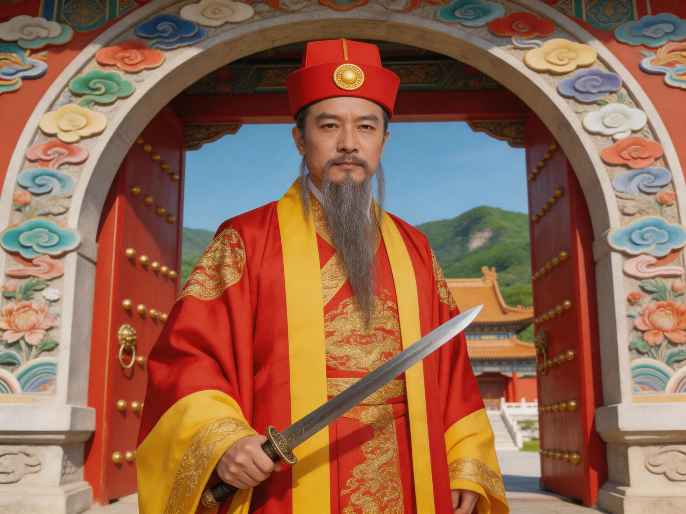 A man in red and gold ceremonial robes stands before an ornate archway with colorful carvings