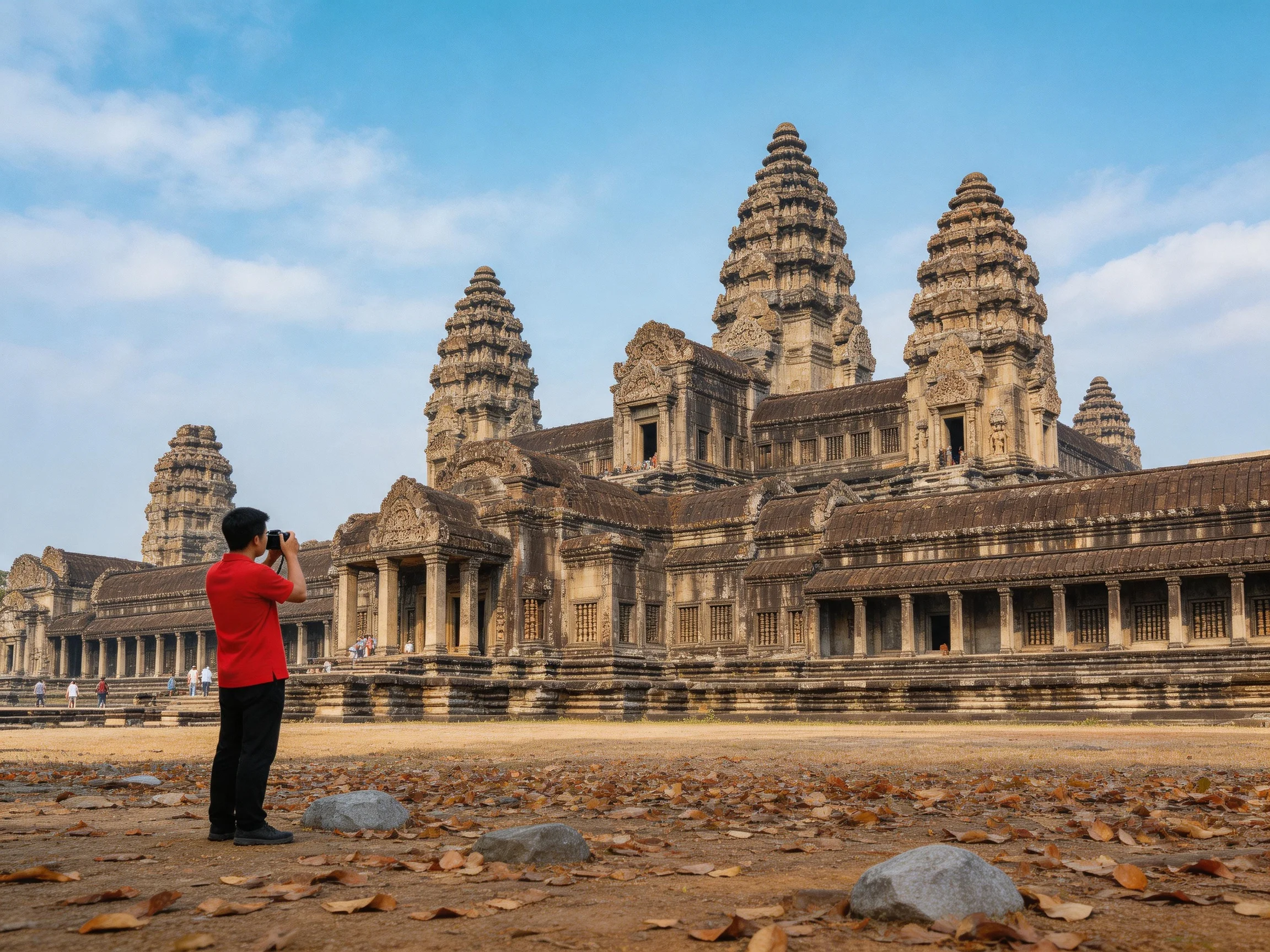 A man in red photographs an ancient temple with five towering spires