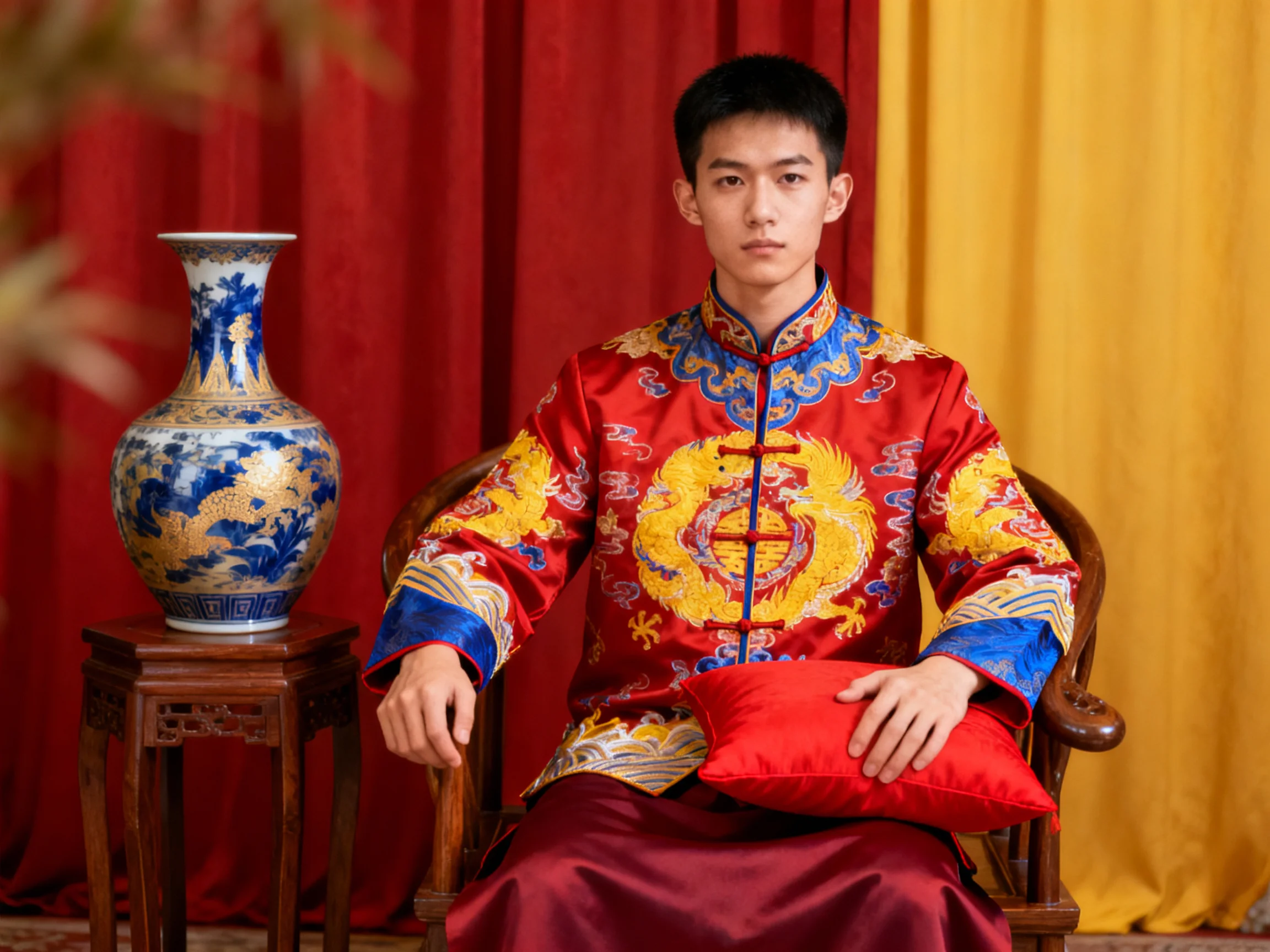 A man in vibrant red and blue traditional clothing sits by a decorative vase near red and yellow drap