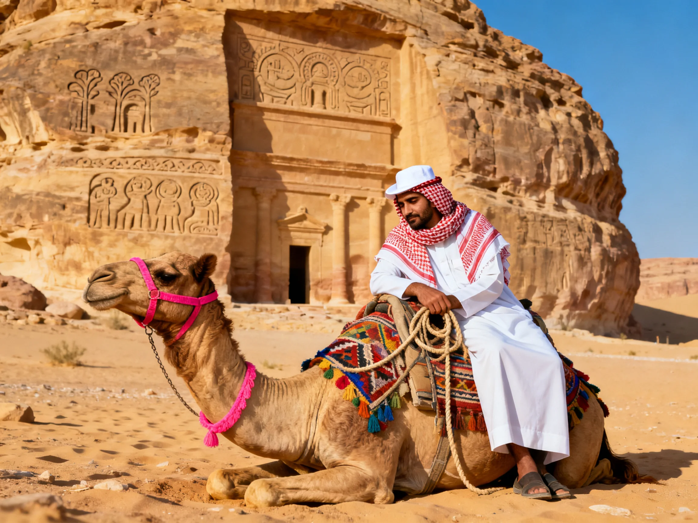 A man in white rides a decorated camel near ancient sandstone ruins
