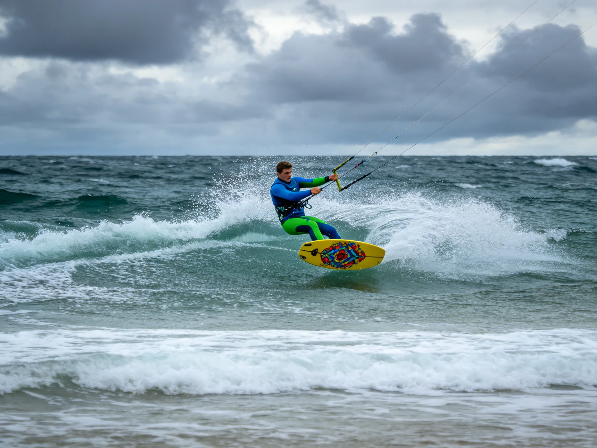 A man kite surfing in a blue wetsuit on a yellow board over crashing waves