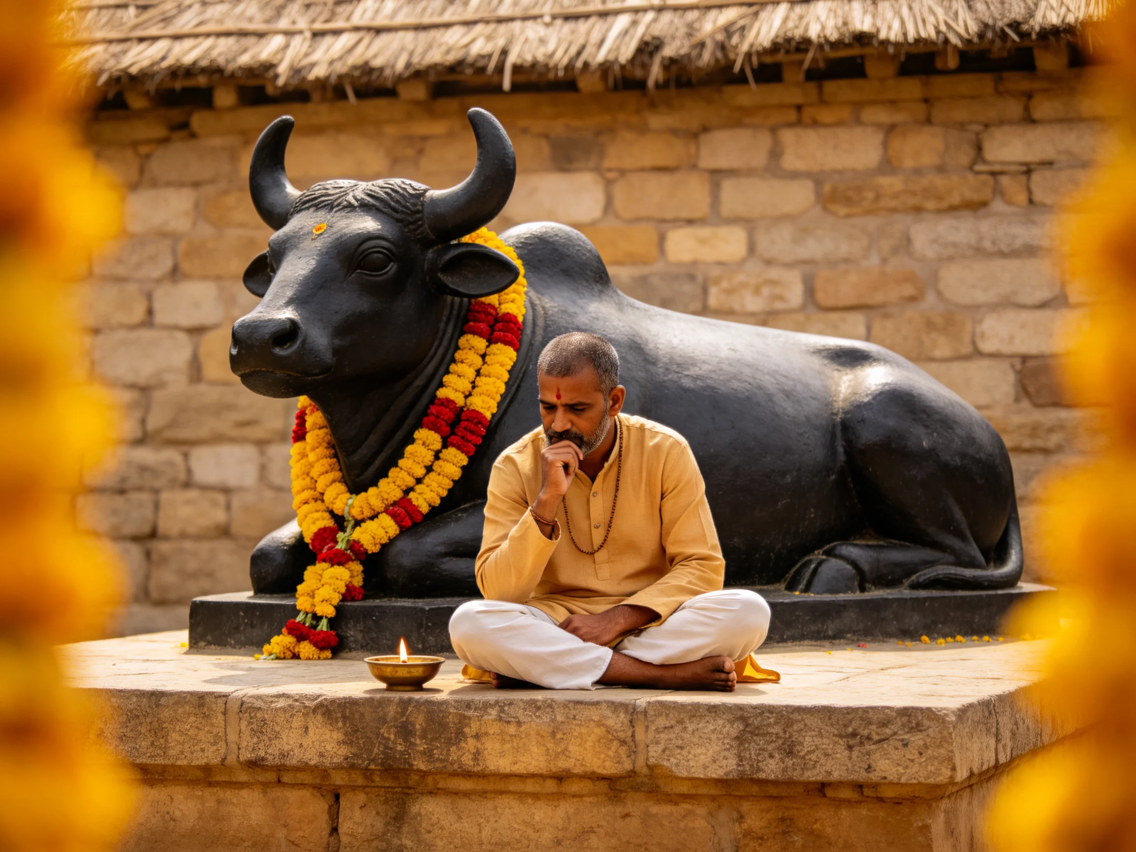 A man meditates beside a large black bull statue with colorful garlands
