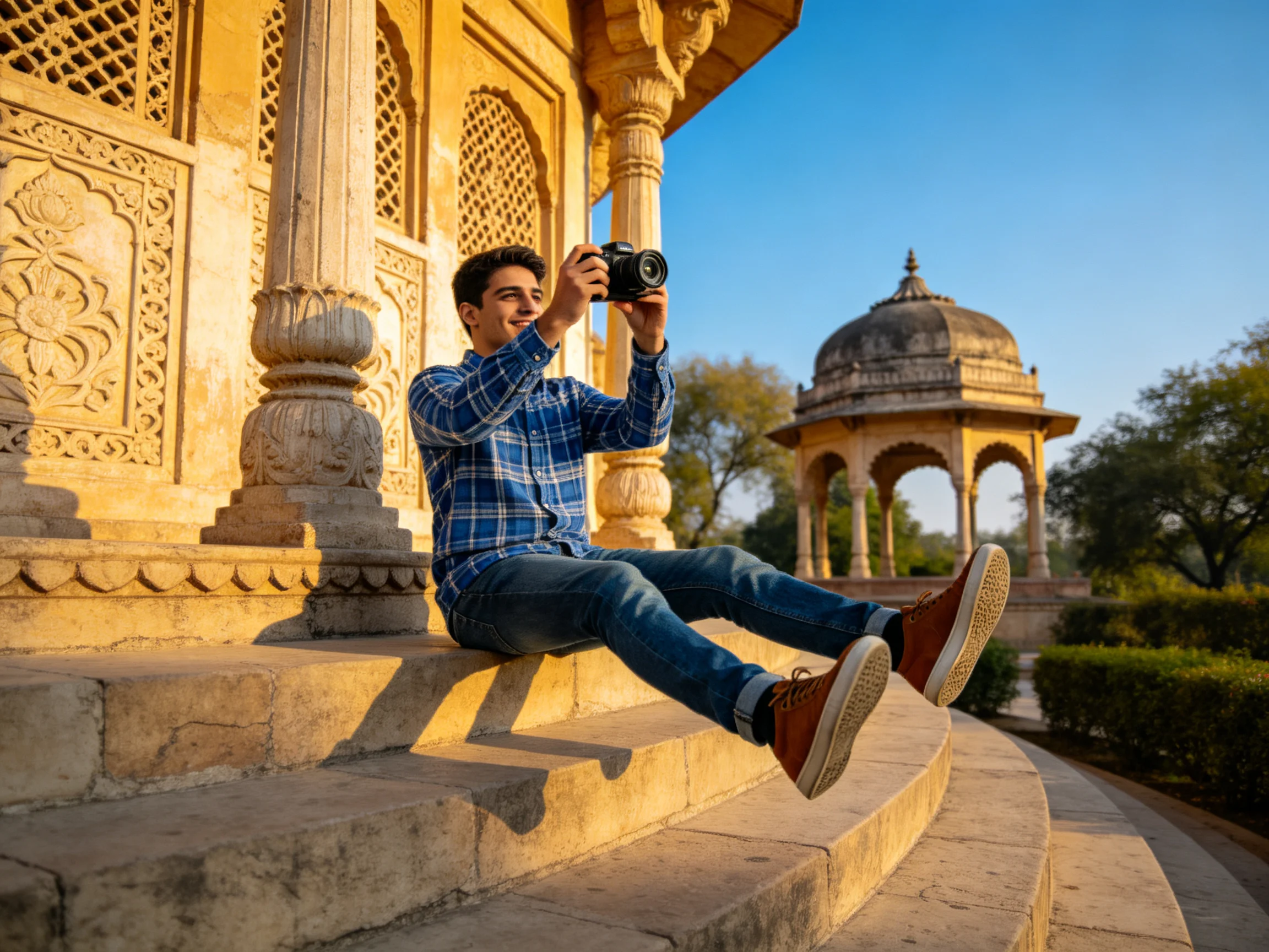 A man photographing historic stone structures with ornate carvings