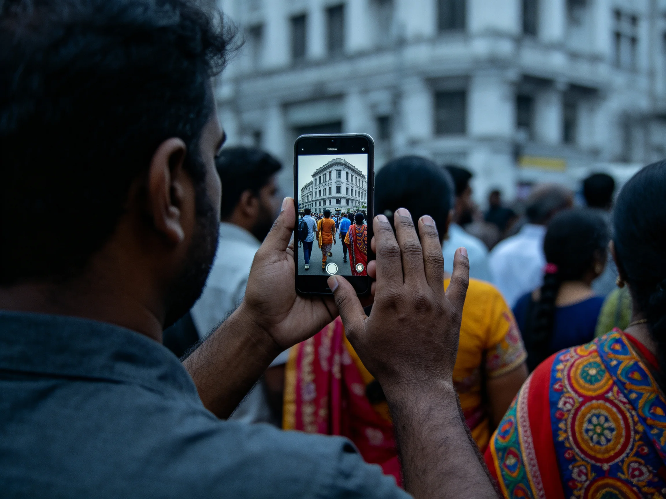 A man photographing pedestrians in vibrant traditional clothing near a large white building
