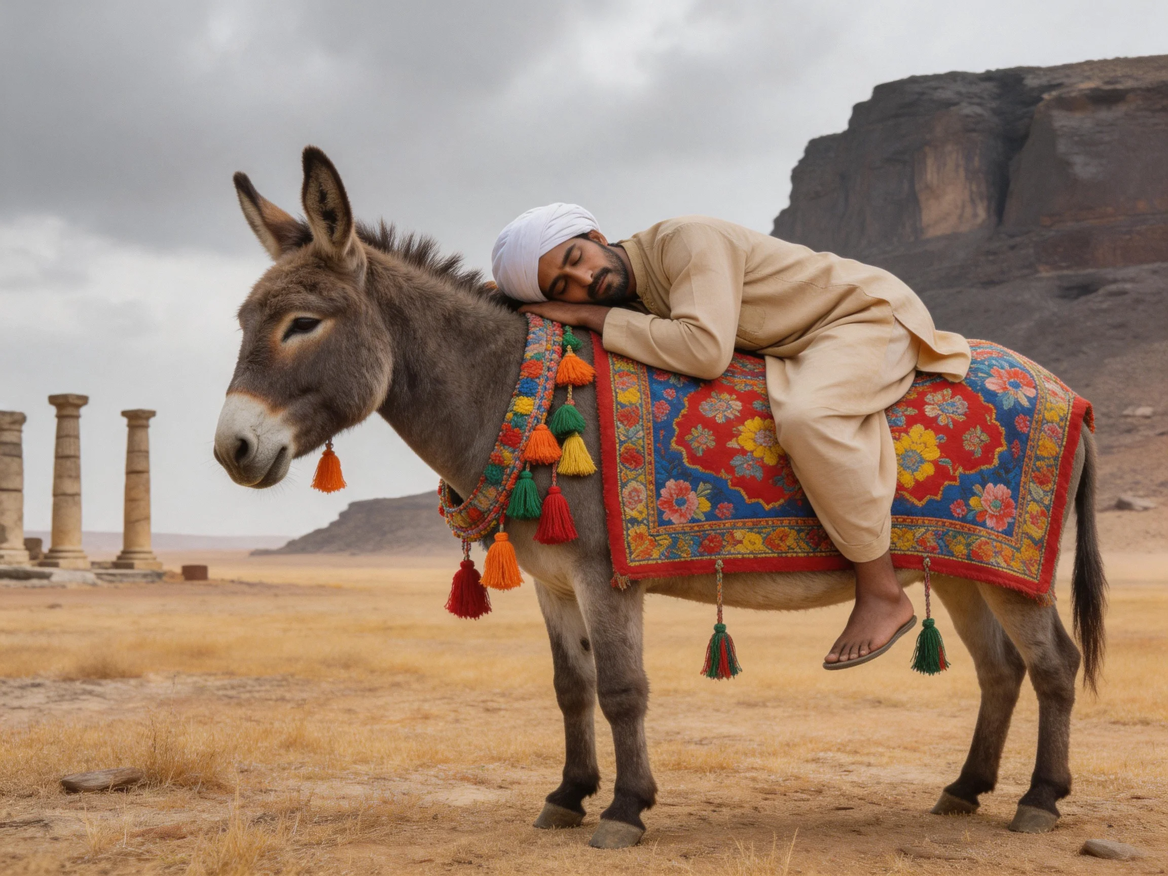 A man rests on a vibrantly decorated donkey near ancient columns in a desert