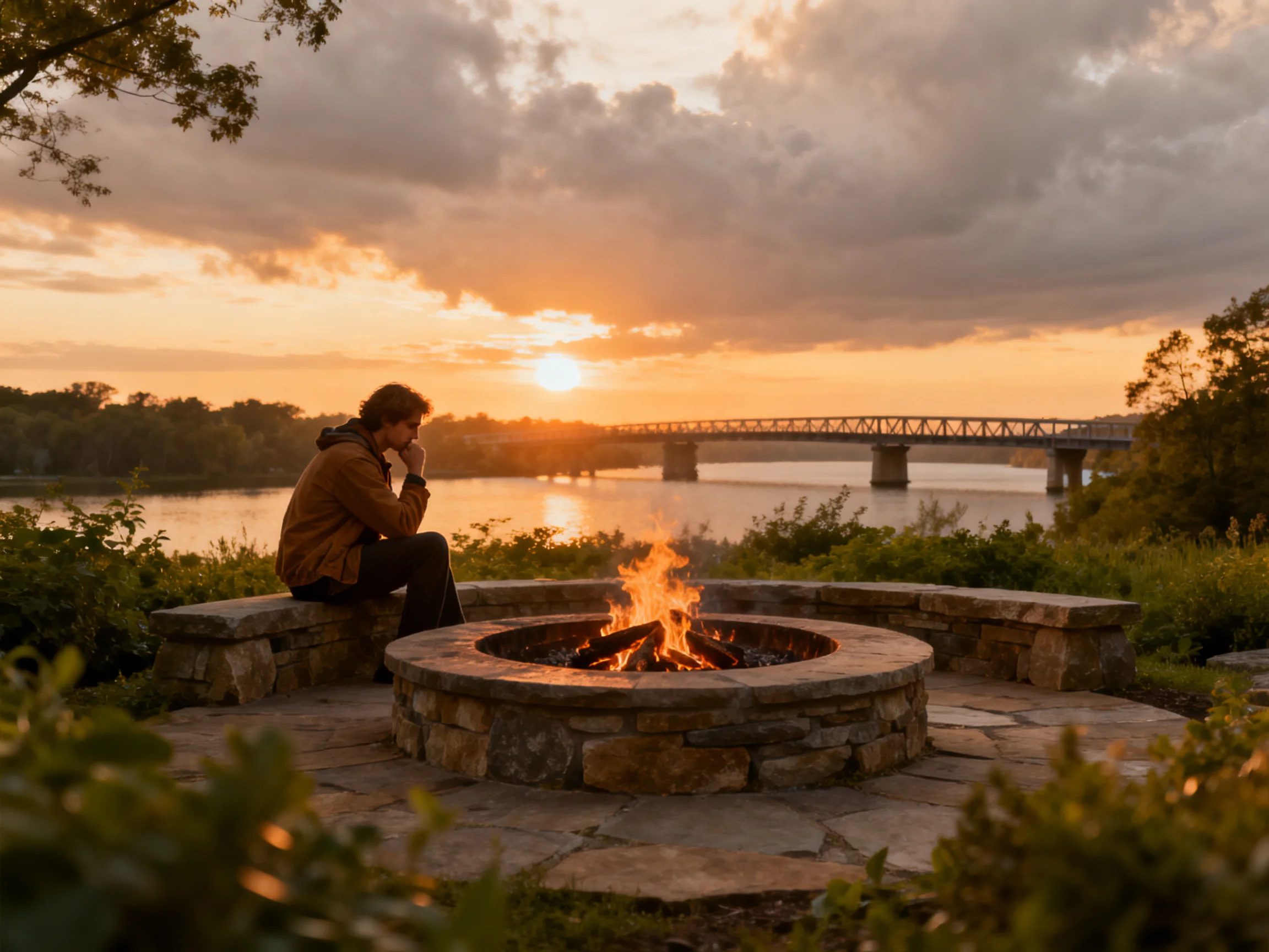 A man sits by a stone firepit near a river at sunset