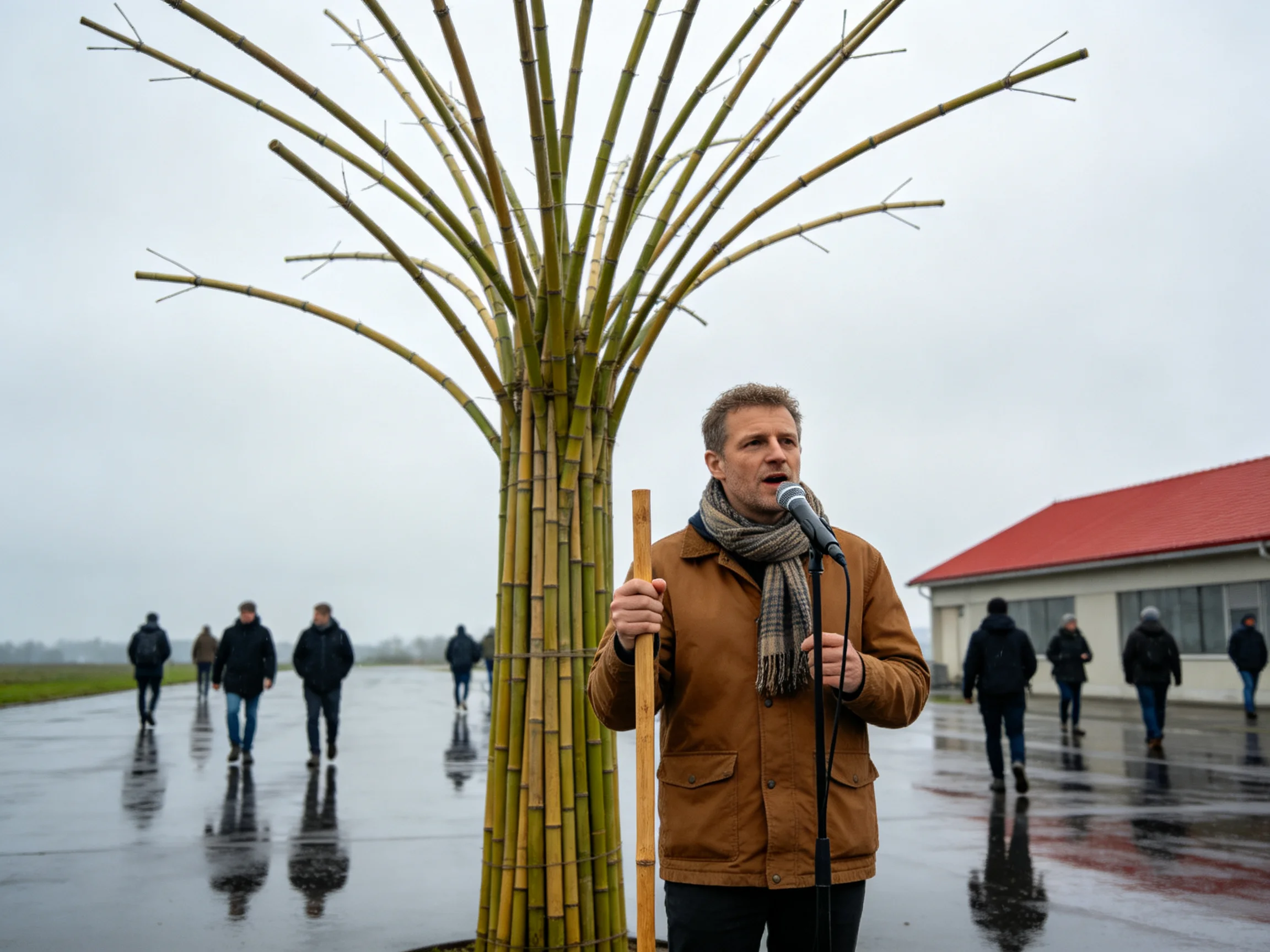 A man speaks beside a bamboo tree sculpture on a rainy pavement