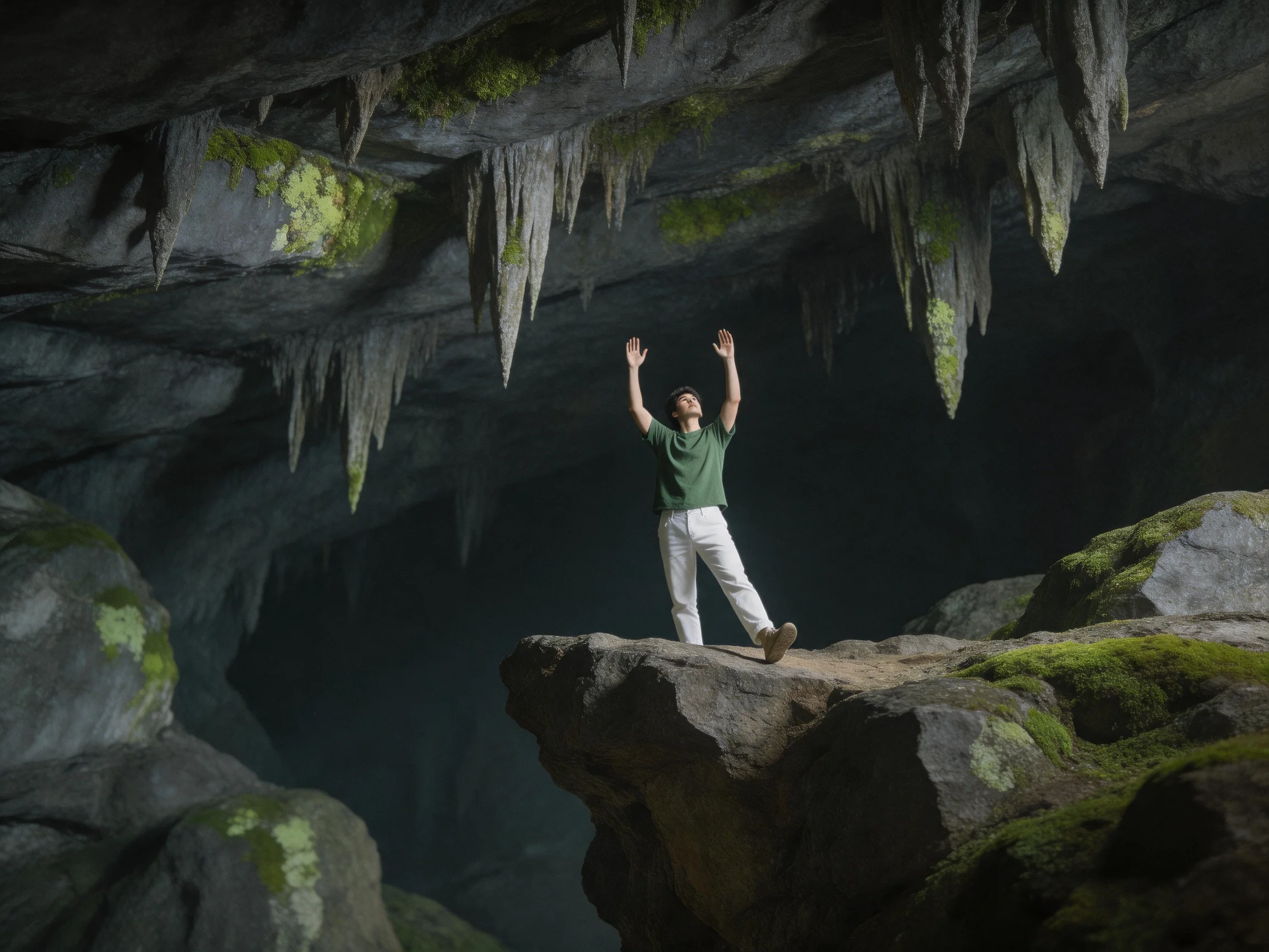 A man stands on a moss-covered cliff beneath hanging stalactites