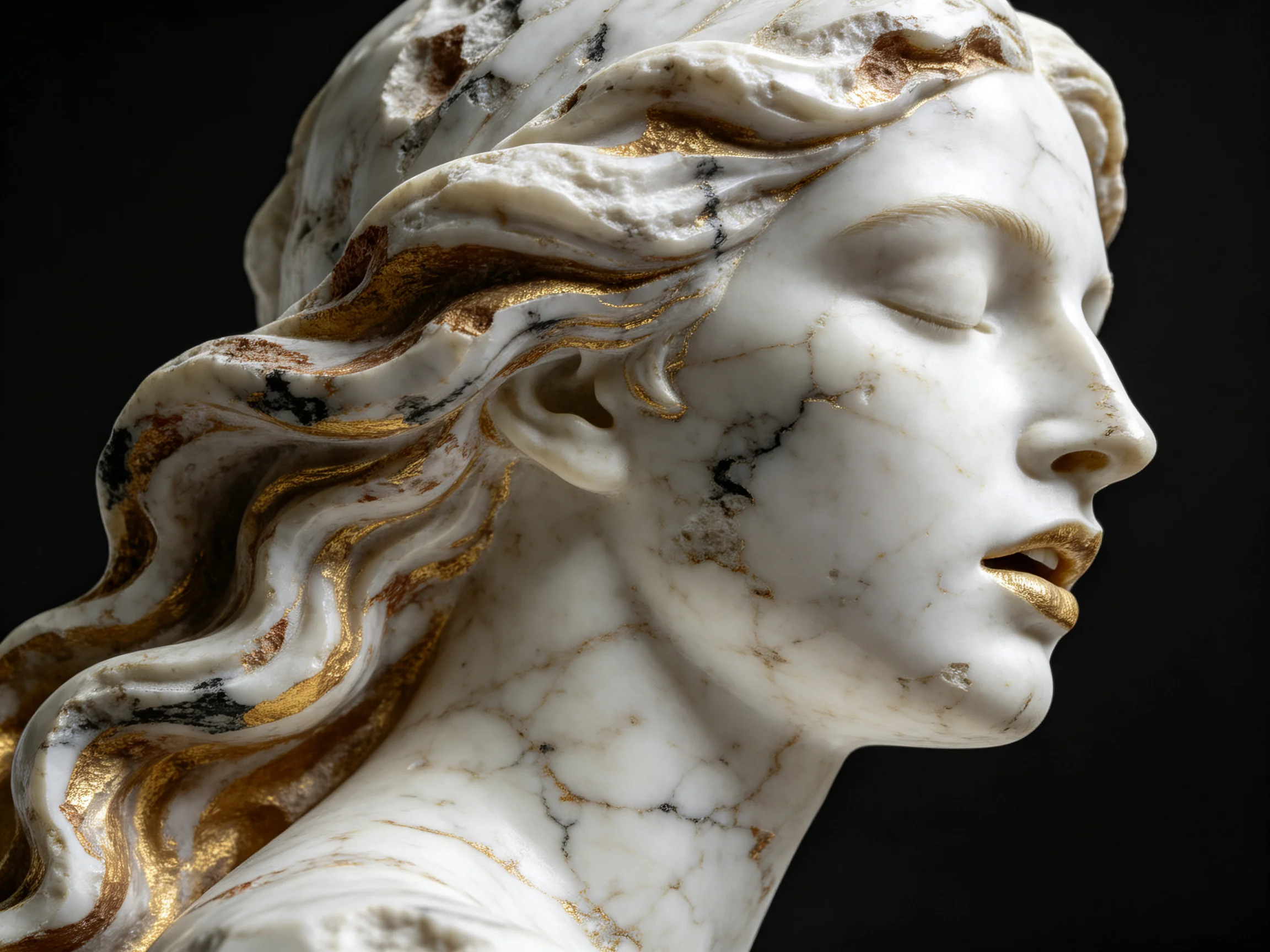 A marble sculpture with ornate golden hair detailing