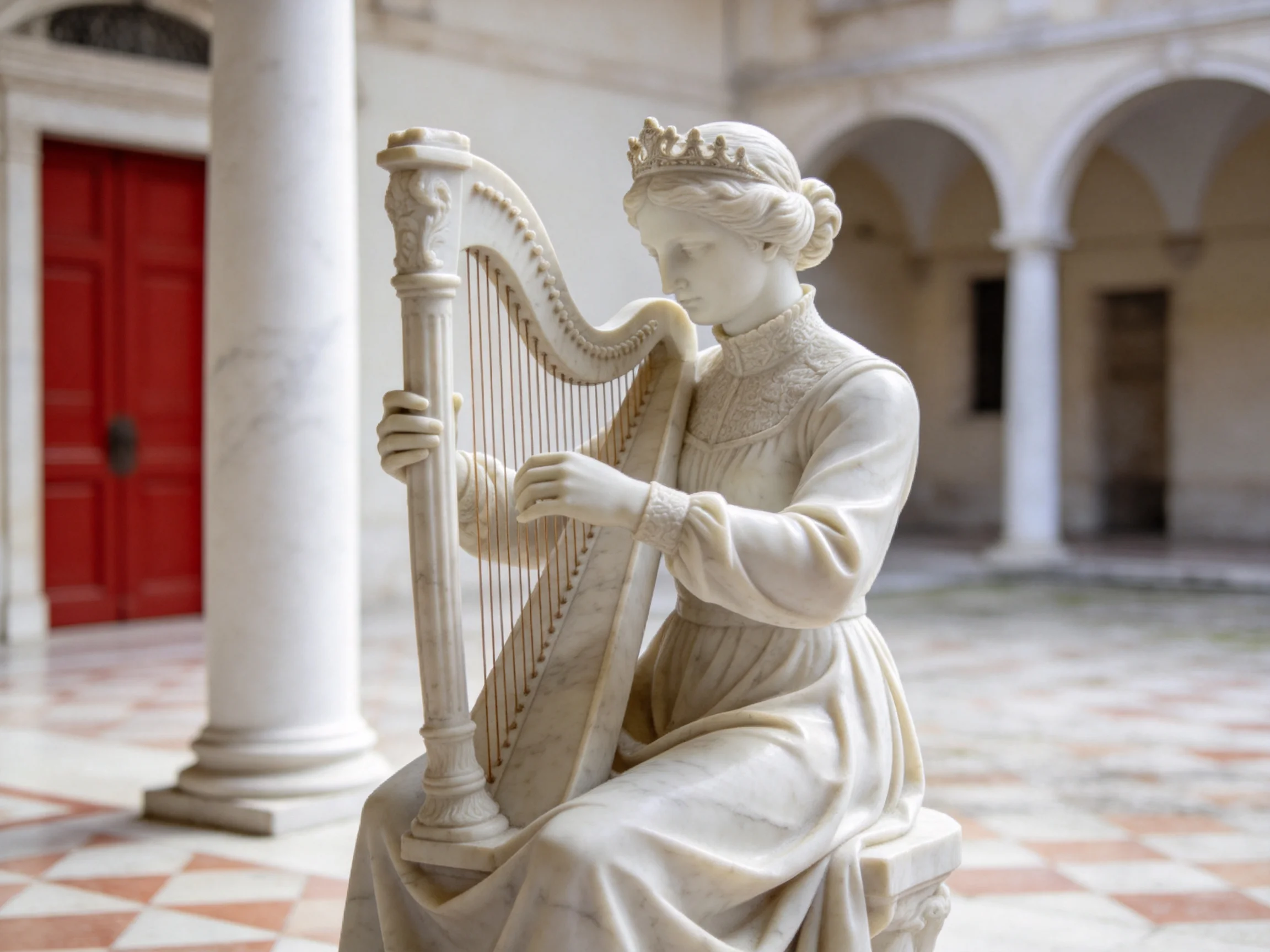 A marble statue of a crowned woman playing a harp in an arched courtyard