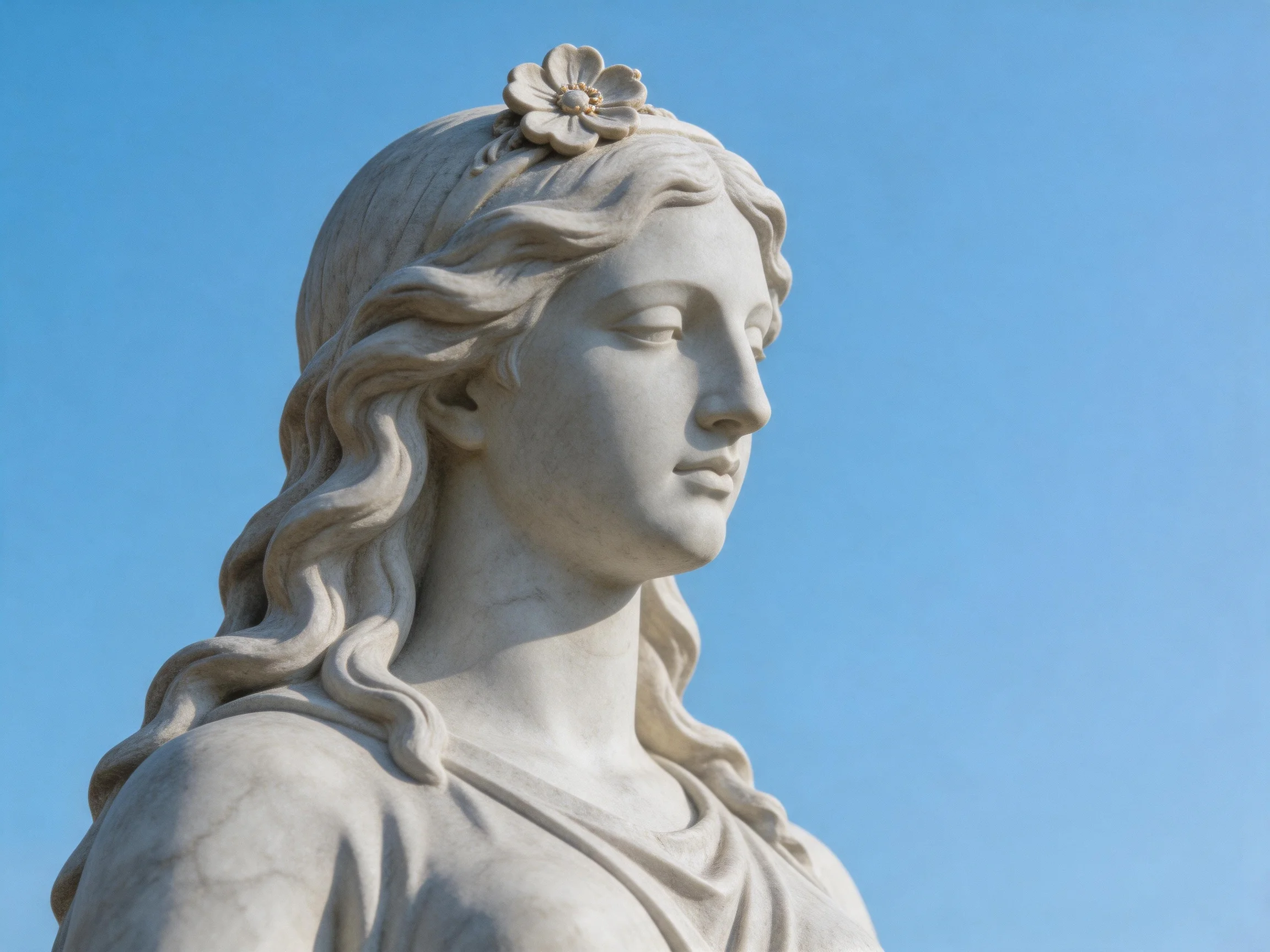 A marble statue of a woman with wavy hair and a flower, set against clear blue sky