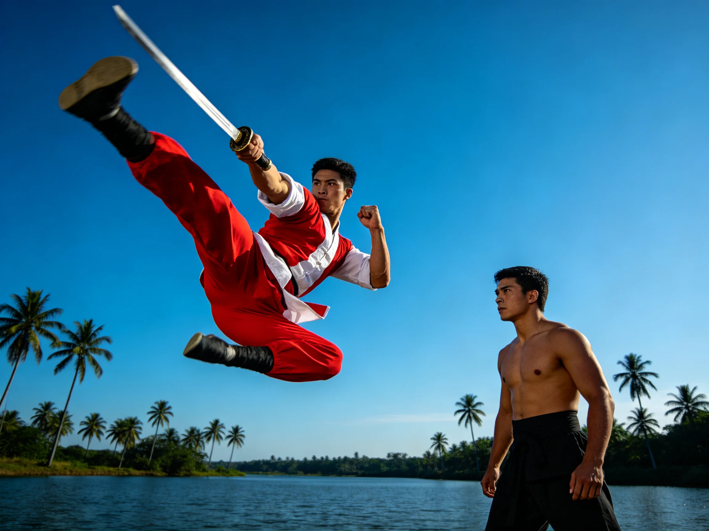 A martial artist in red leaps with a sword near a shirtless opponent by a tropical lake