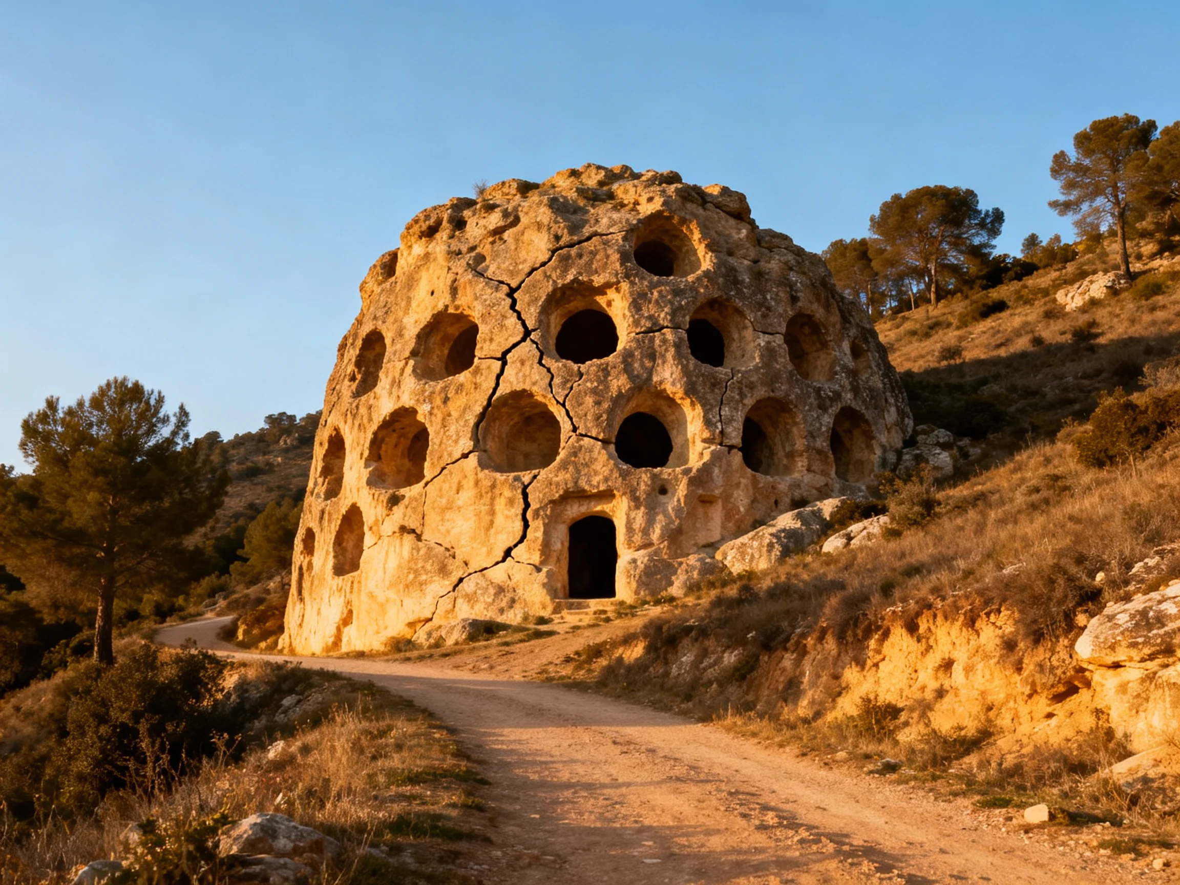 A massive ancient stone dome with circular openings on a sunlit hillside