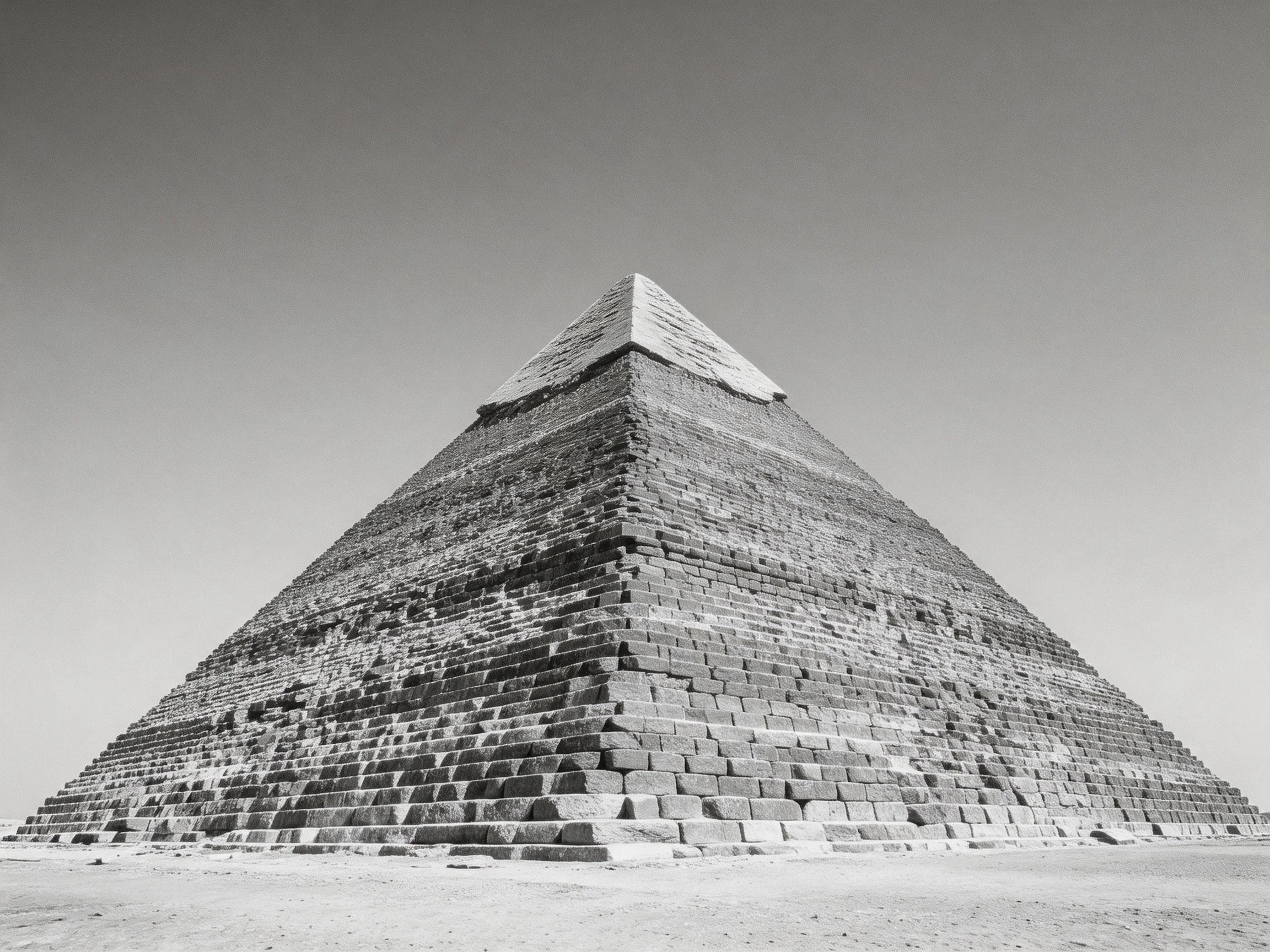 A massive ancient stone pyramid stands alone under a clear sky