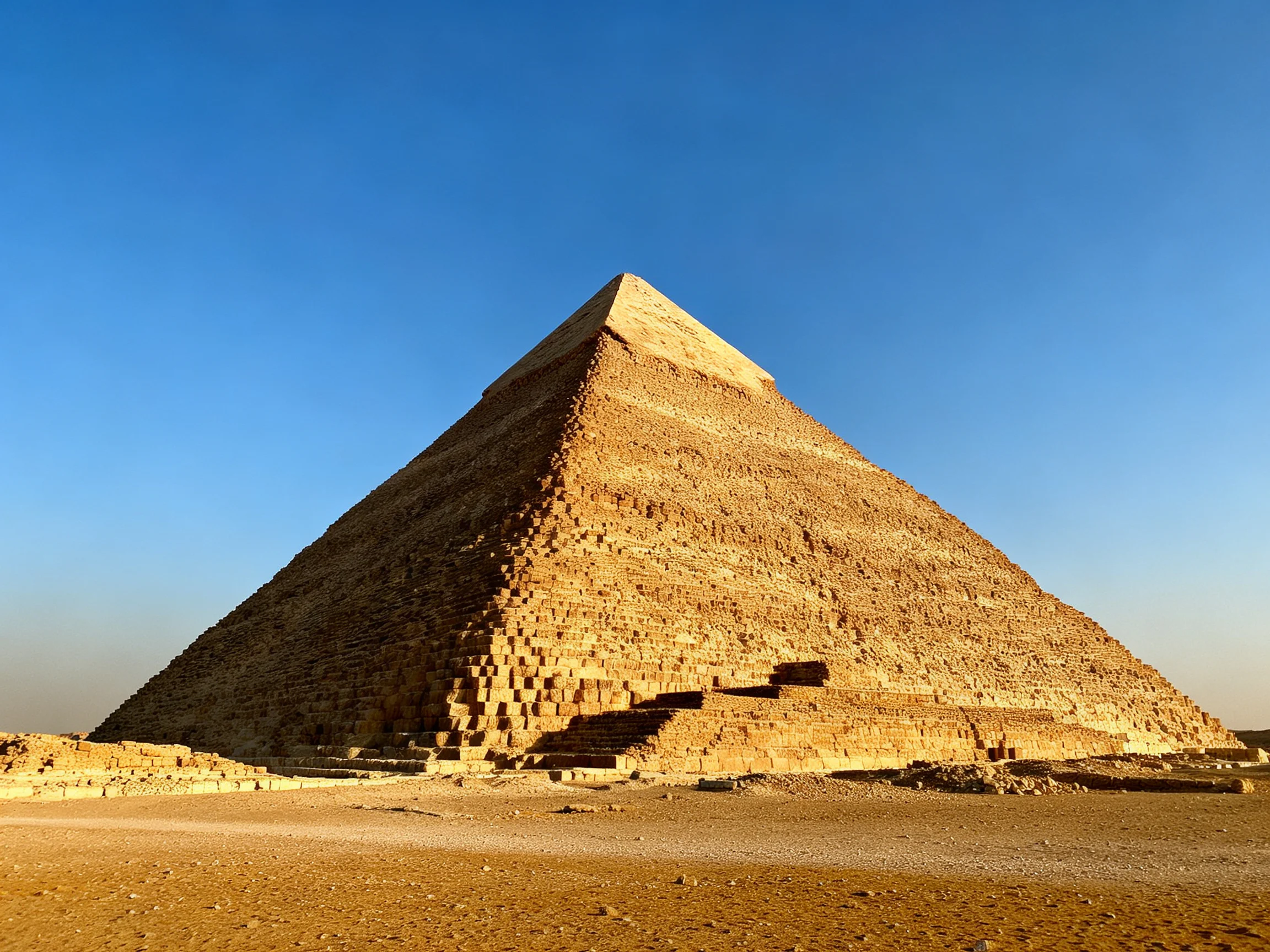 A massive brown pyramid with stone blocks under a clear blue sky