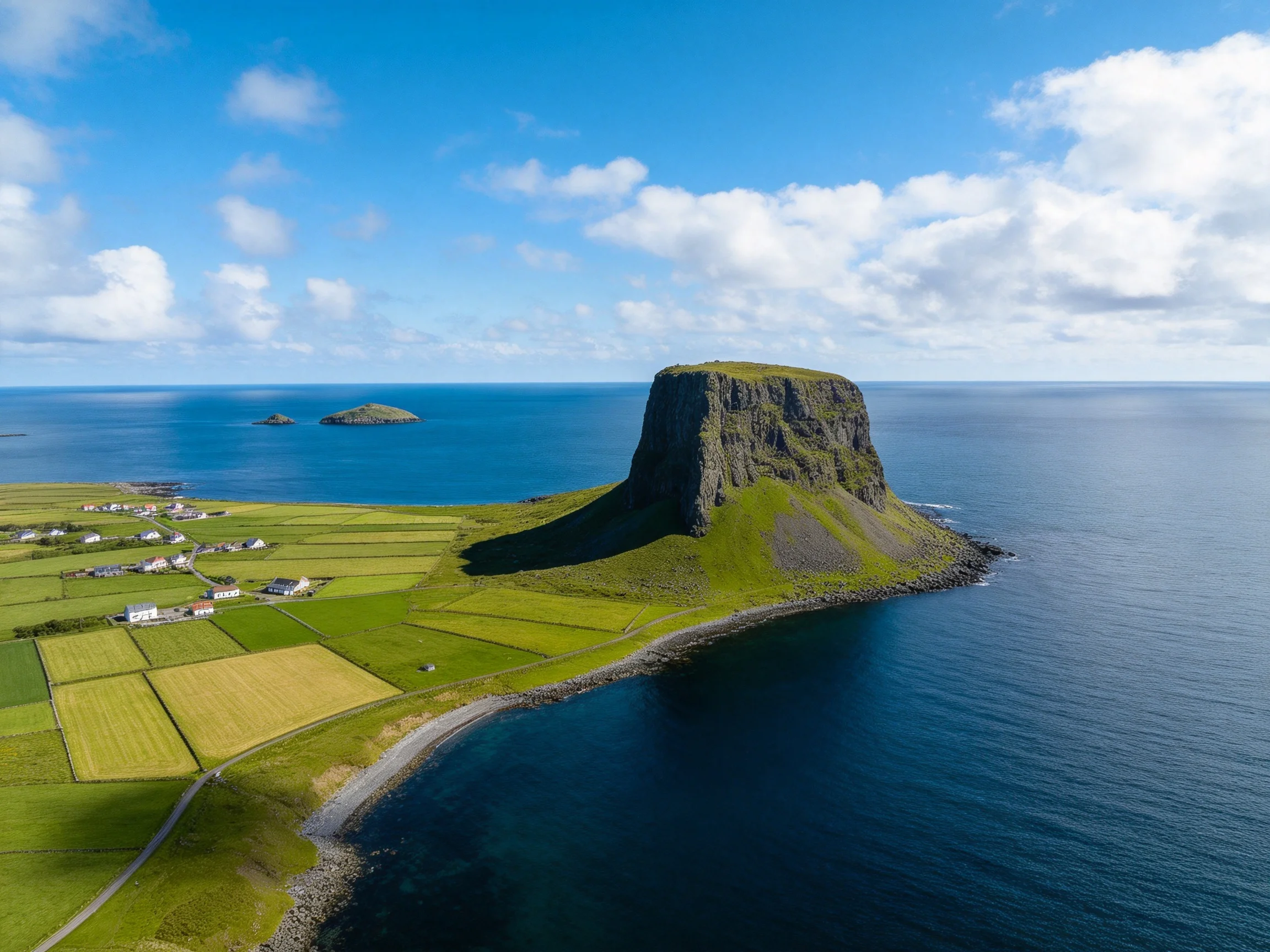A massive cliff towers over lush green fields beside tranquil blue seas with coastal homes