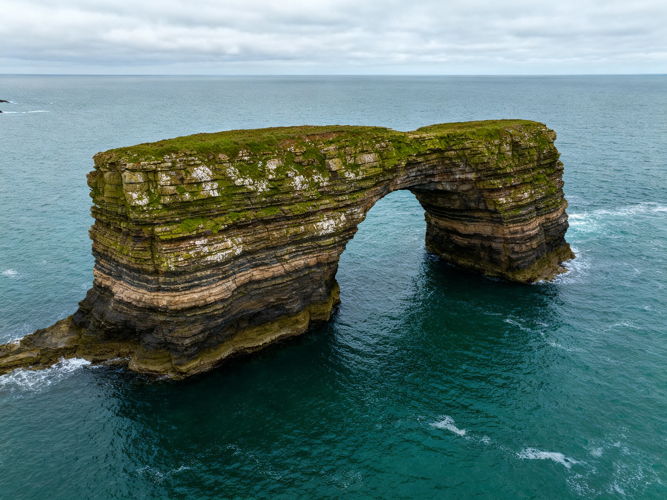 A massive coastal rock arch with layered stone and green moss