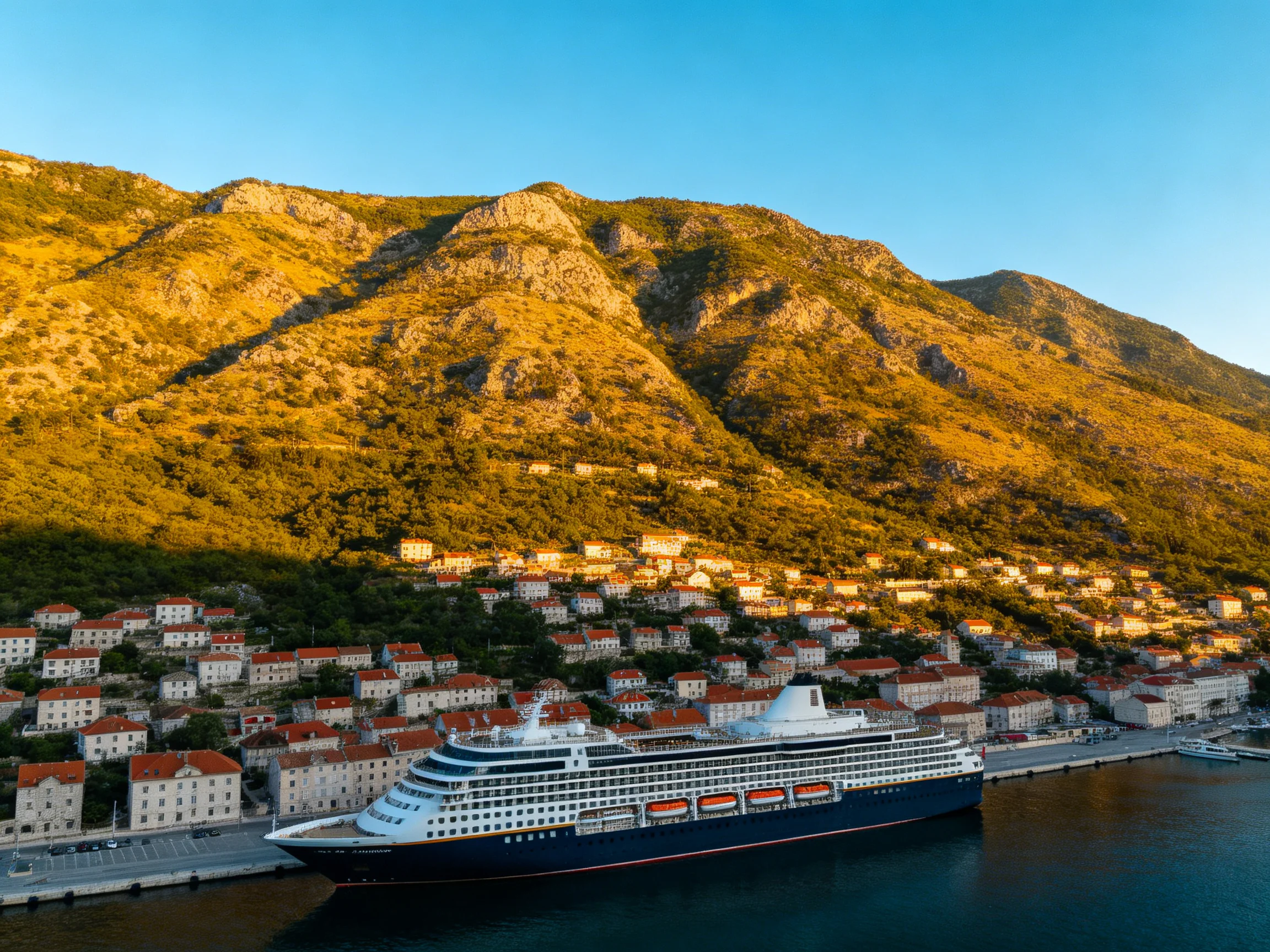 A massive cruise ship docks beside a coastal town with red-roofed homes and sunlit mountains