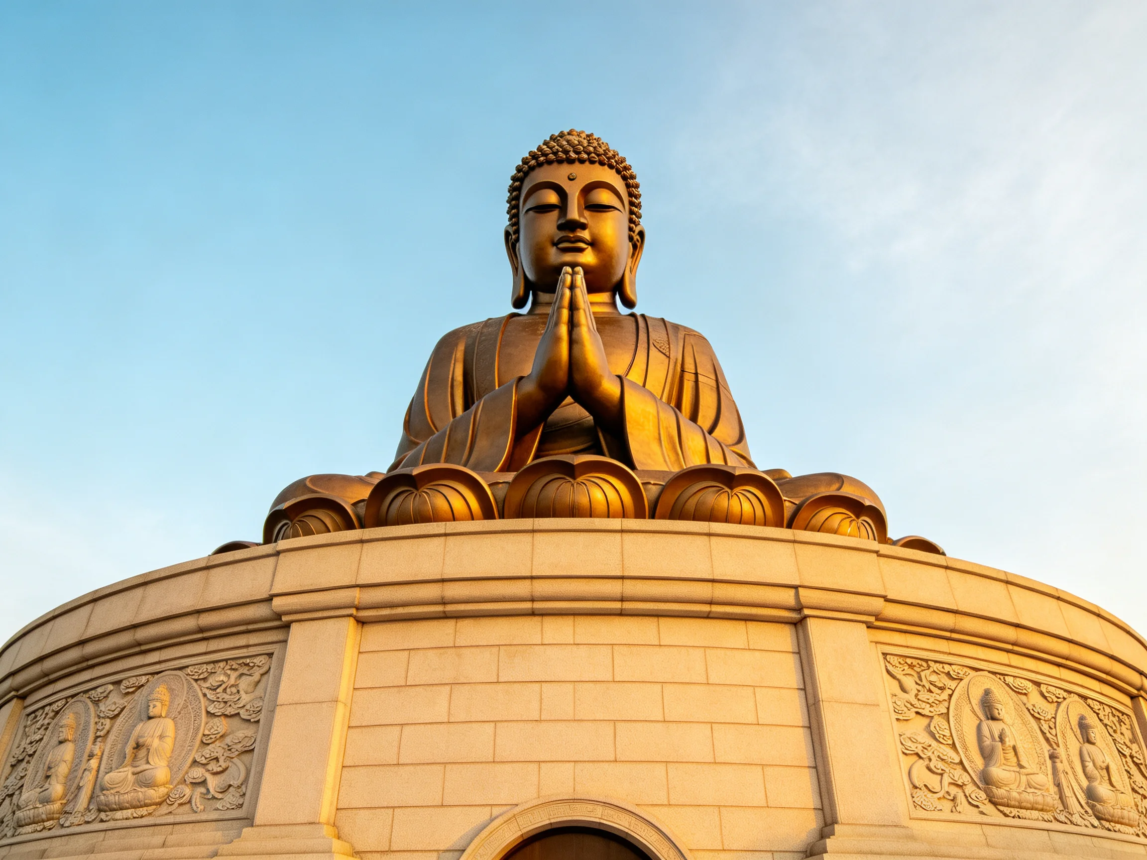 A massive golden Buddha statue with prayer hands atop a stone pedestal