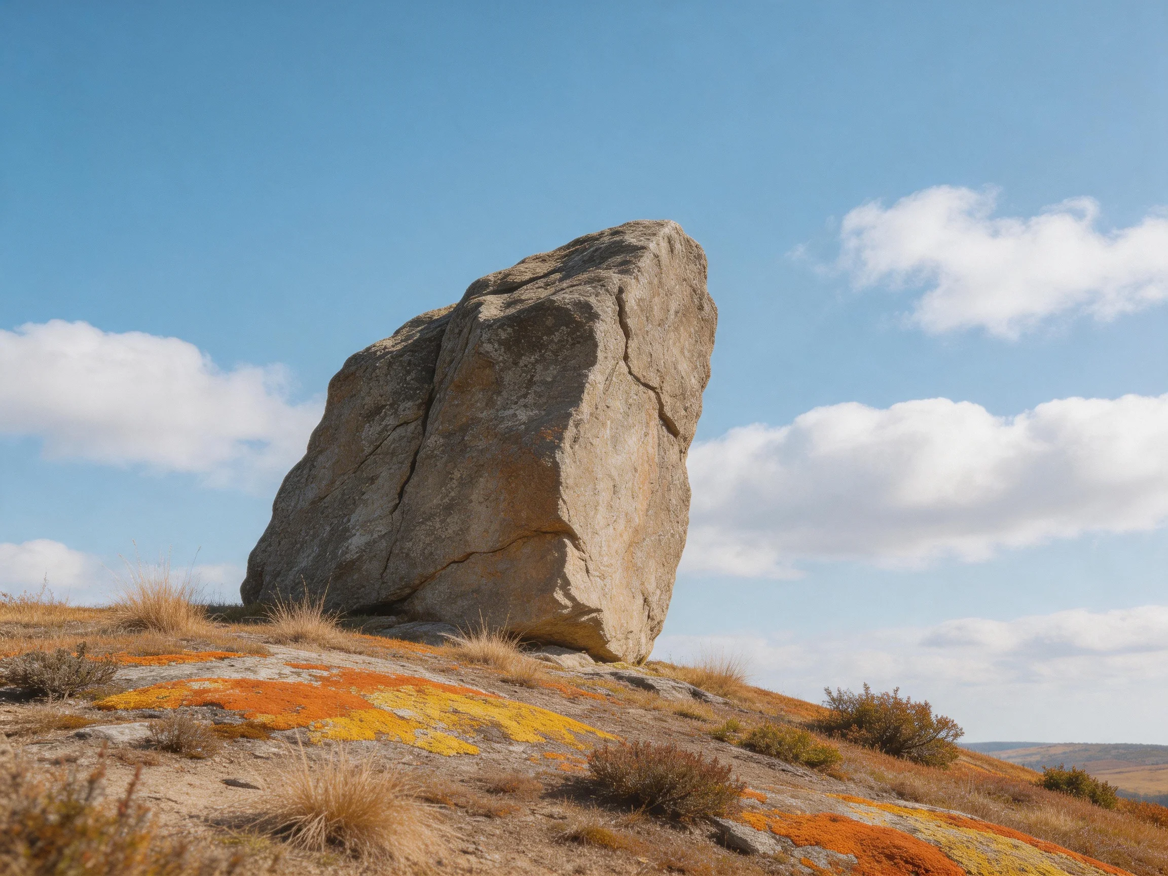 A massive gray boulder stands atop a hill with colorful patches