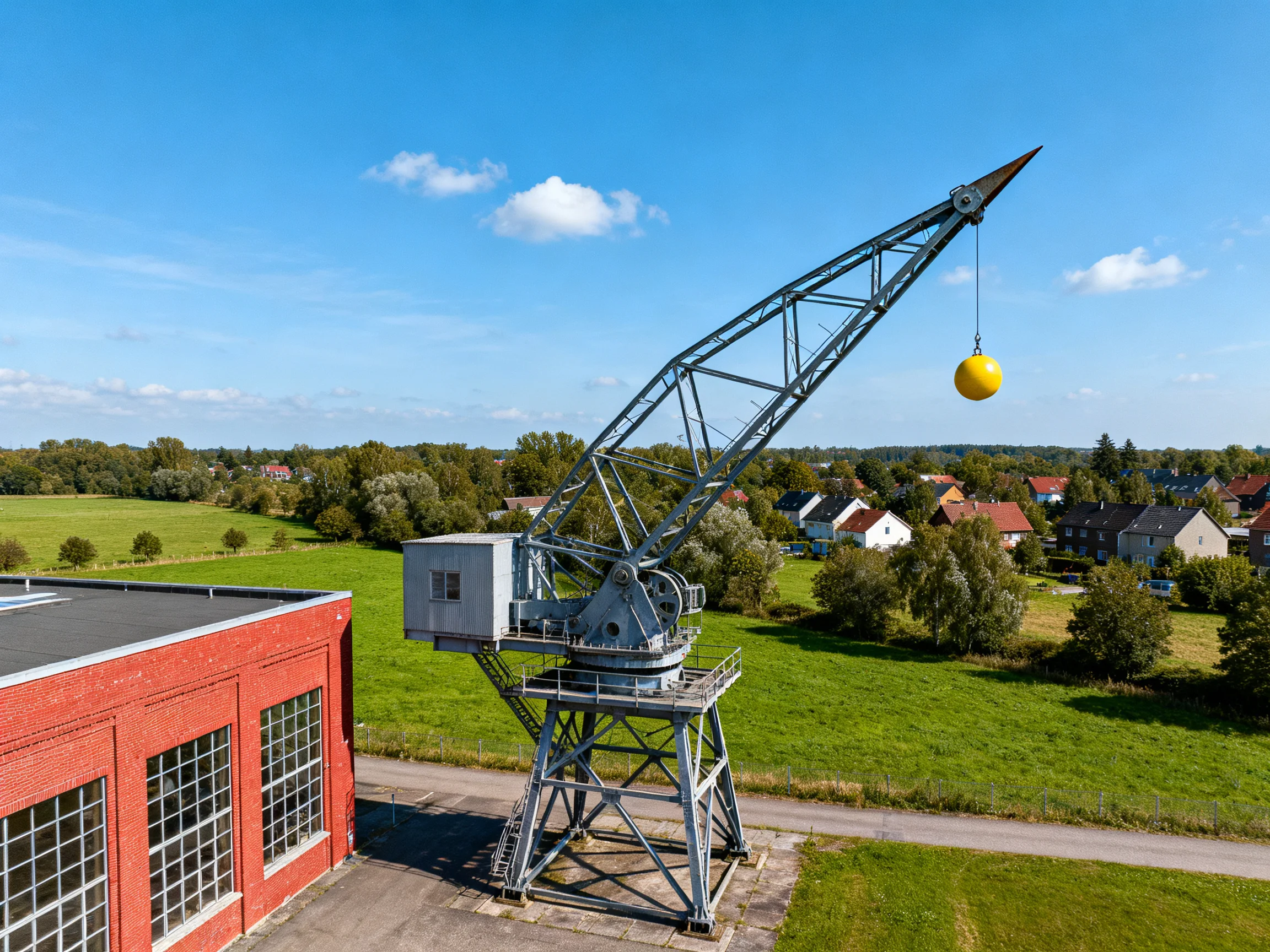 A massive gray crane holds a bright yellow ball near a red brick building