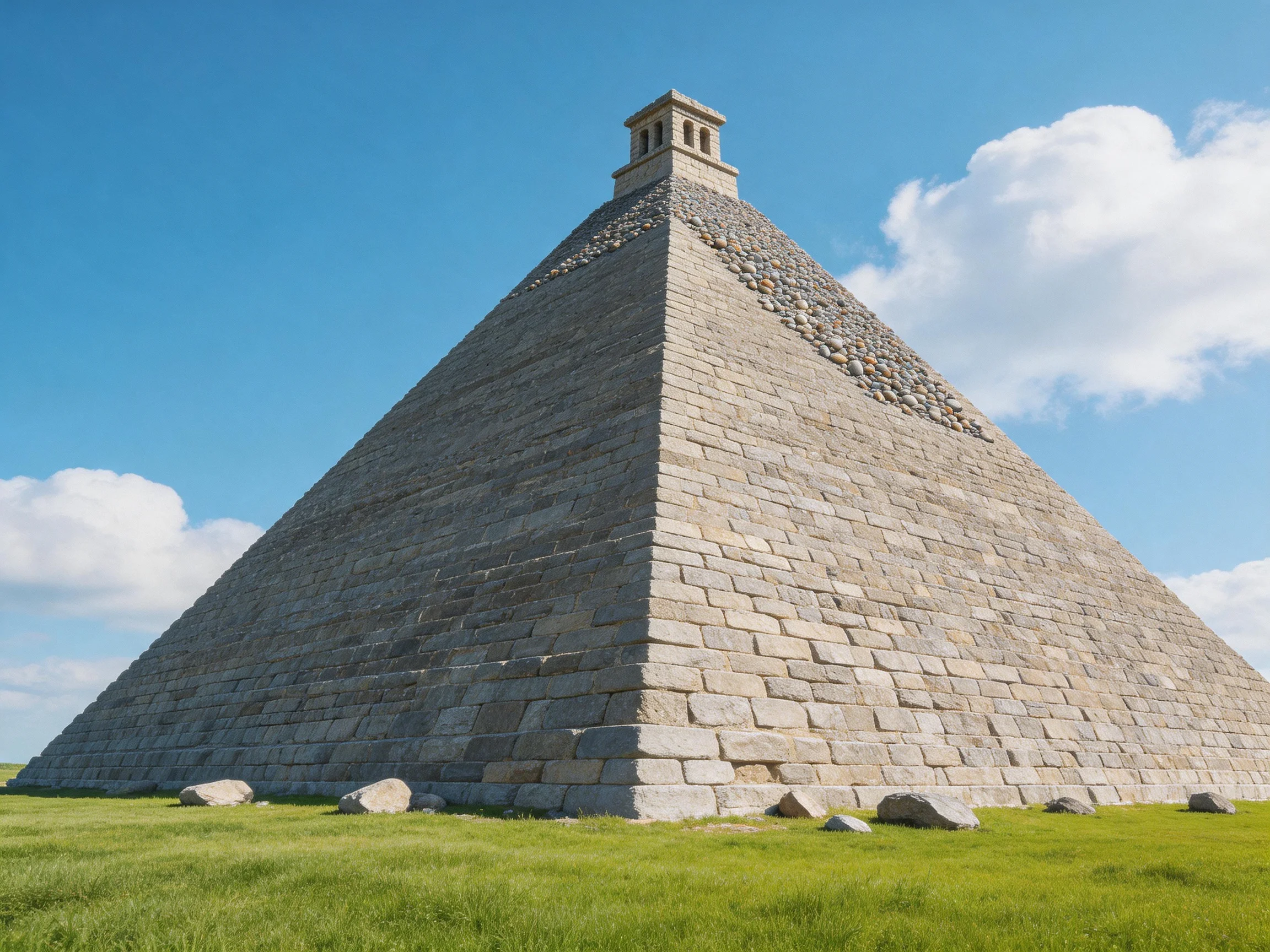 A massive gray stone pyramid stands on lush green grass under bright blue sky