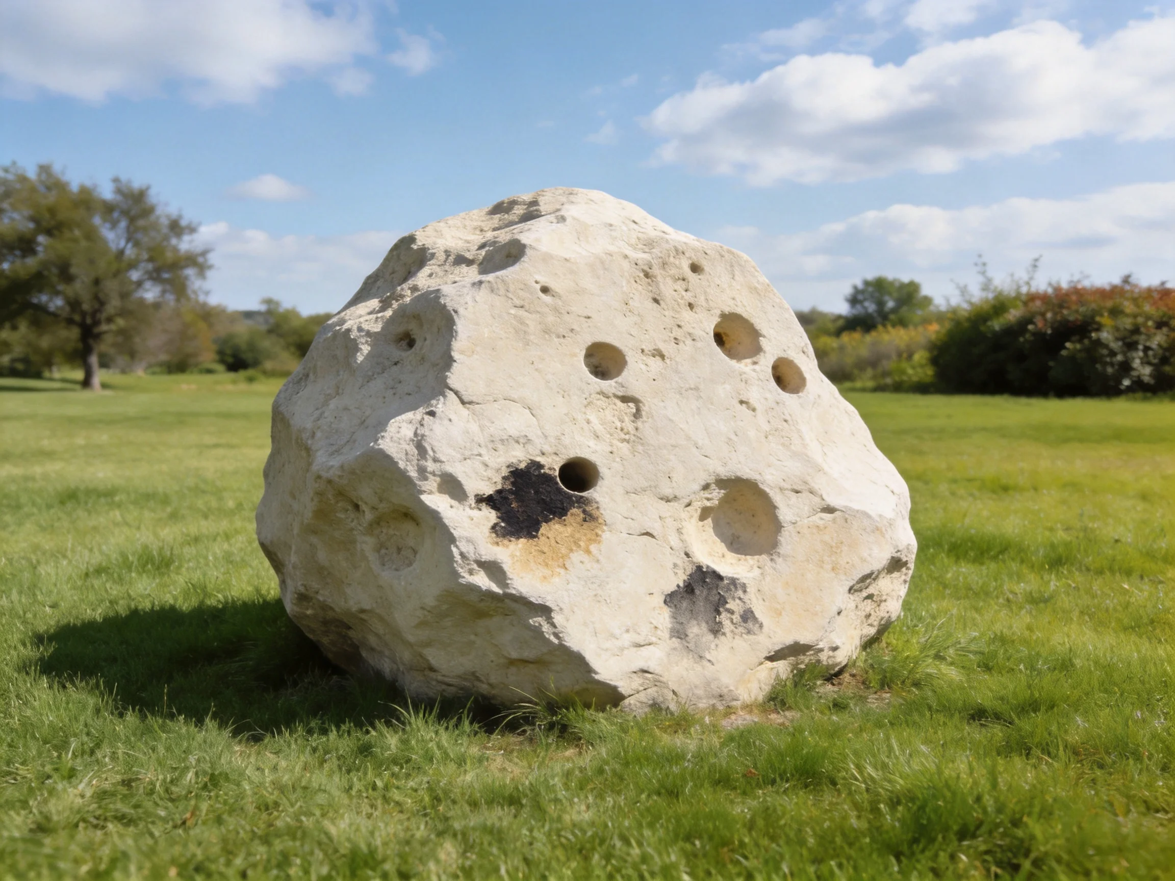A massive limestone boulder with circular holes in a grassy field
