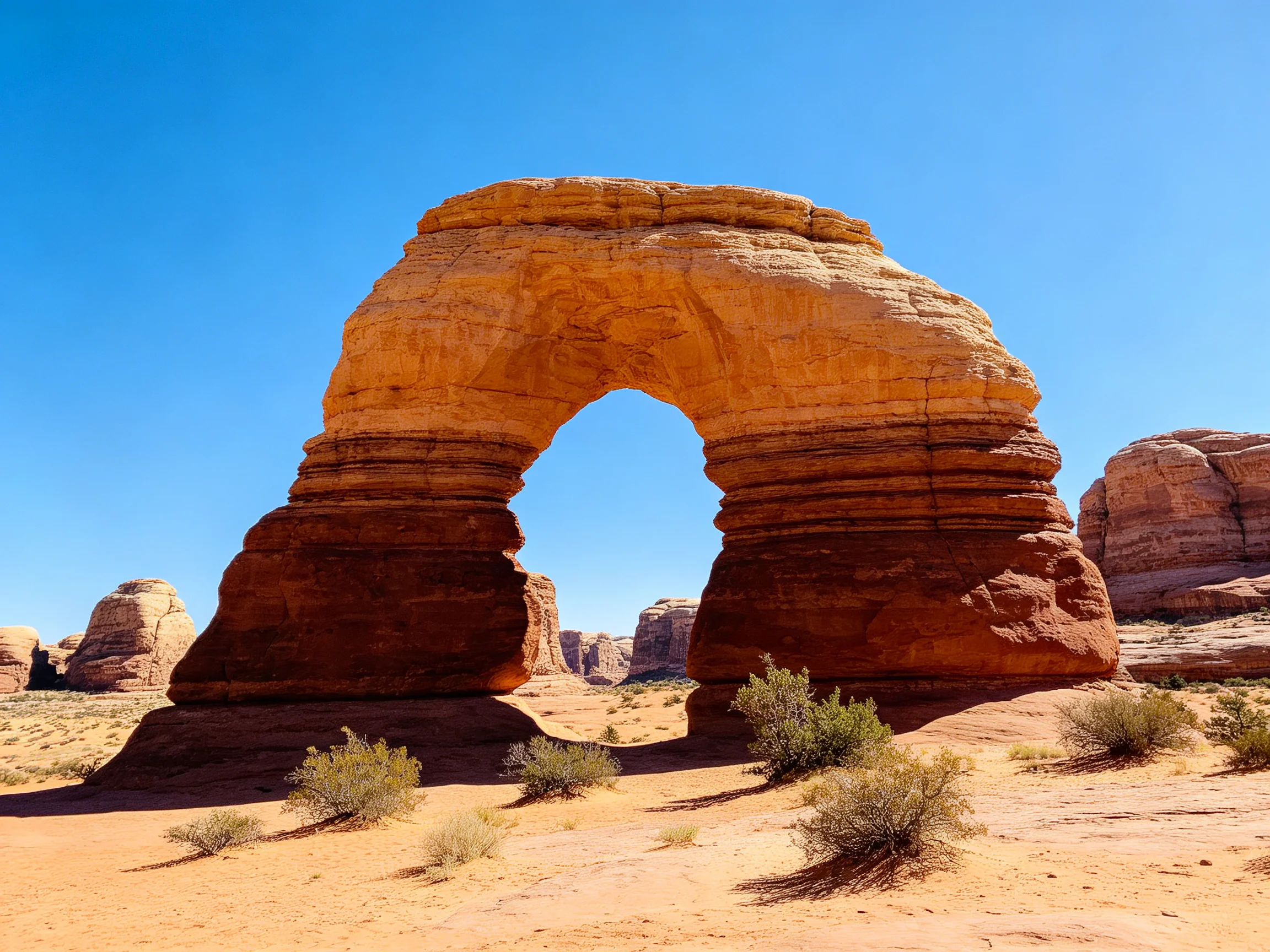 A massive sandstone arch towers over a desert with clear blue skies