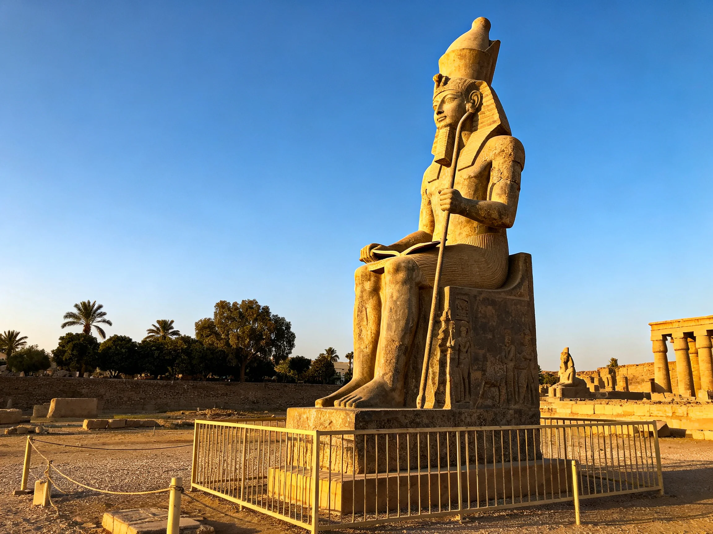 A massive seated Egyptian statue illuminated by golden sunlight near ancient ruins