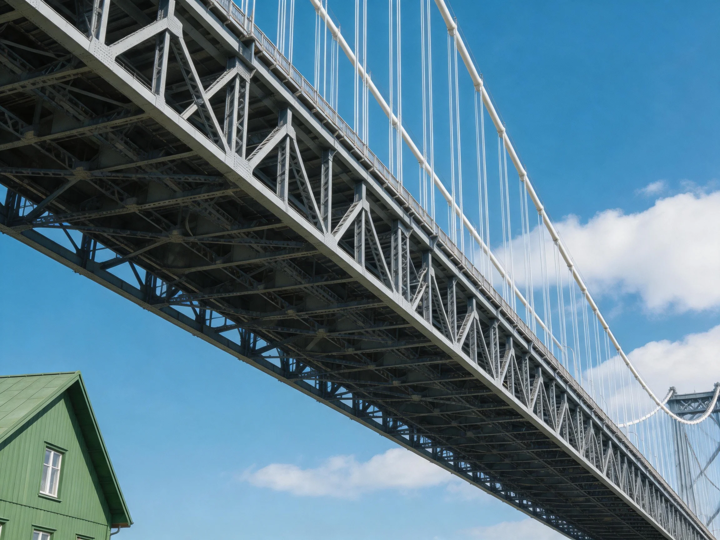 A massive steel suspension bridge spans over a green building under blue sky
