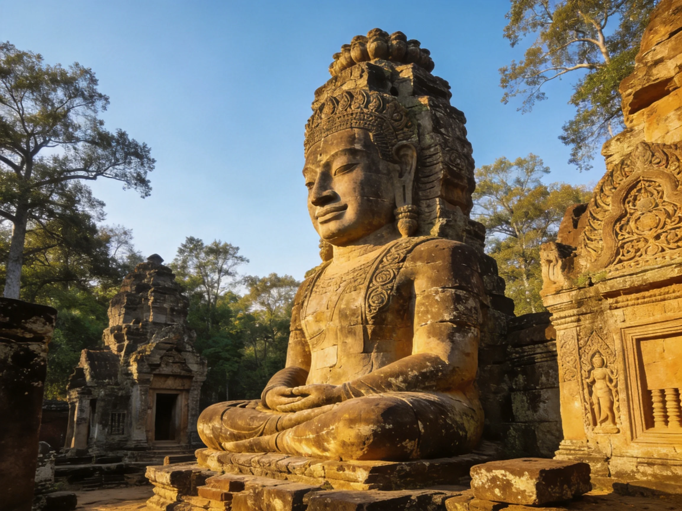 A massive stone Buddha statue amidst ancient temple ruins under golden sunlight