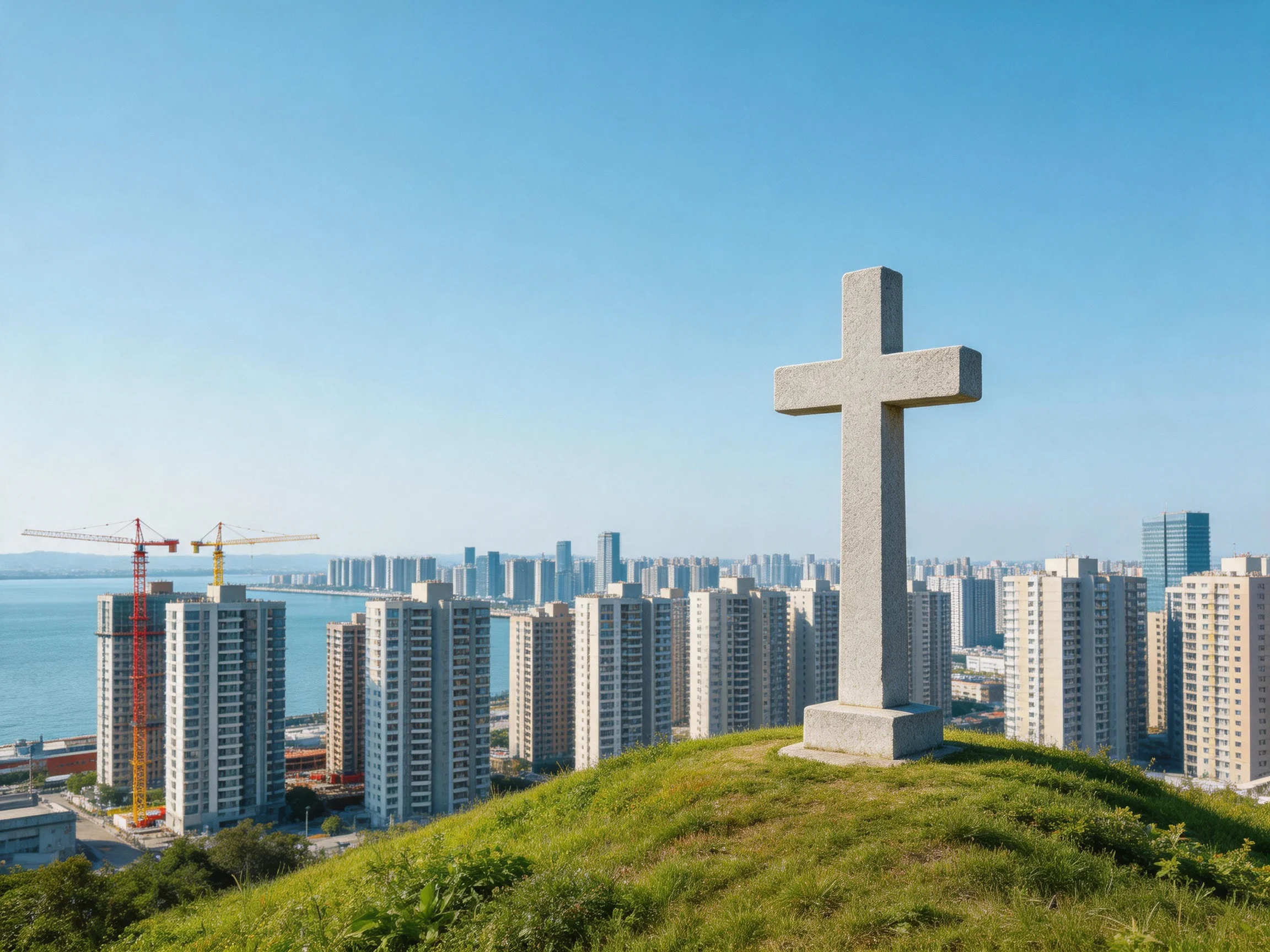 A massive stone cross overlooks a modern coastal city skyline