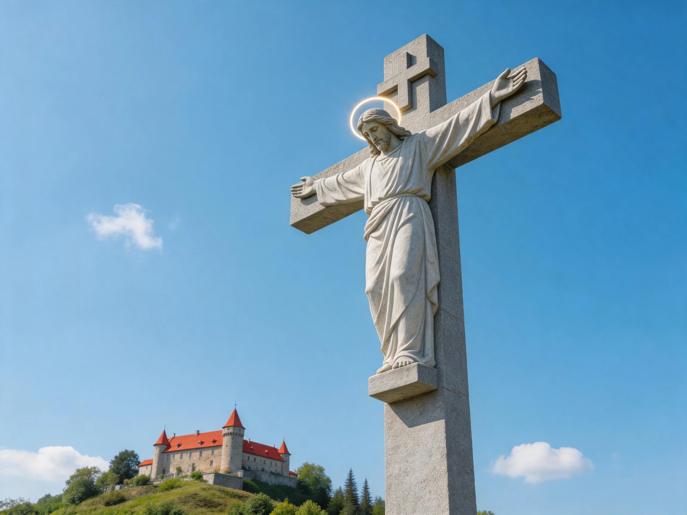 A massive stone crucifix stands before a historic red-roofed castle under clear blue skies