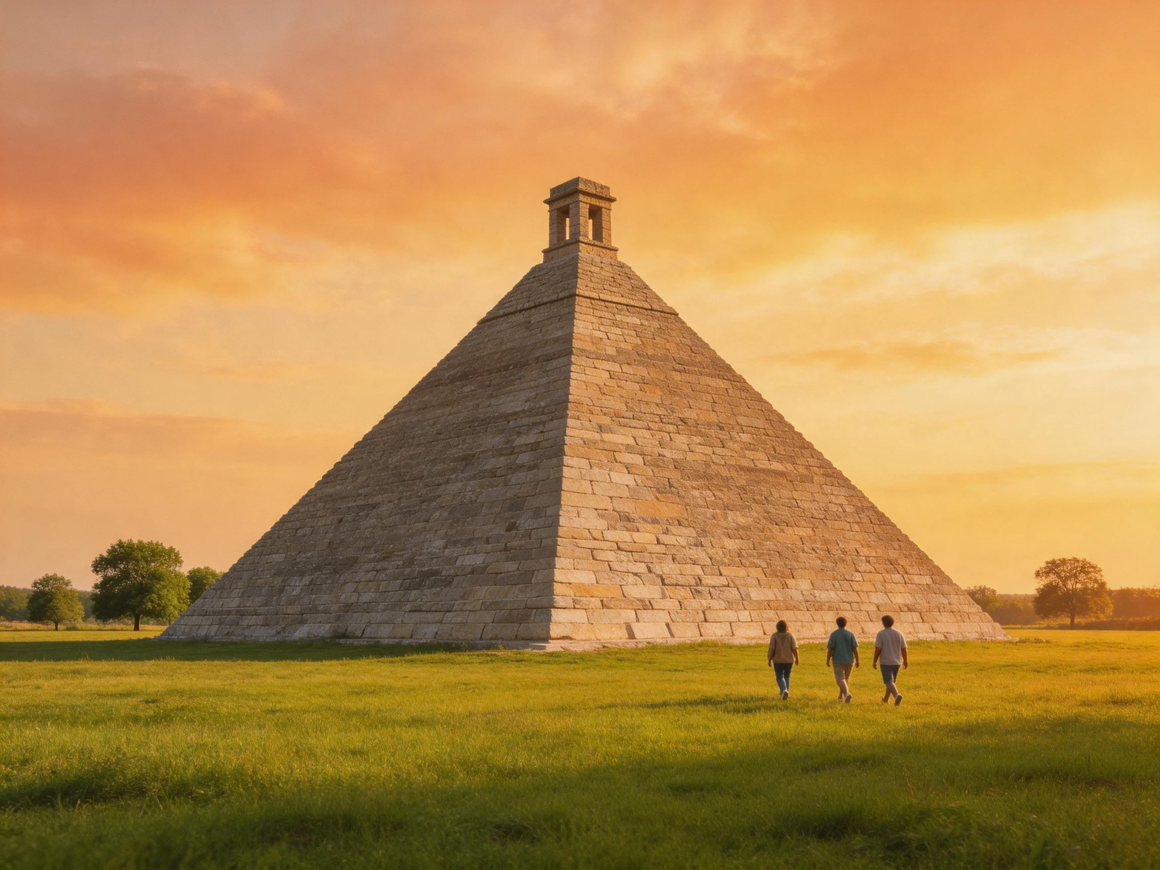 A massive stone pyramid stands under a golden sunset sky with three walkers